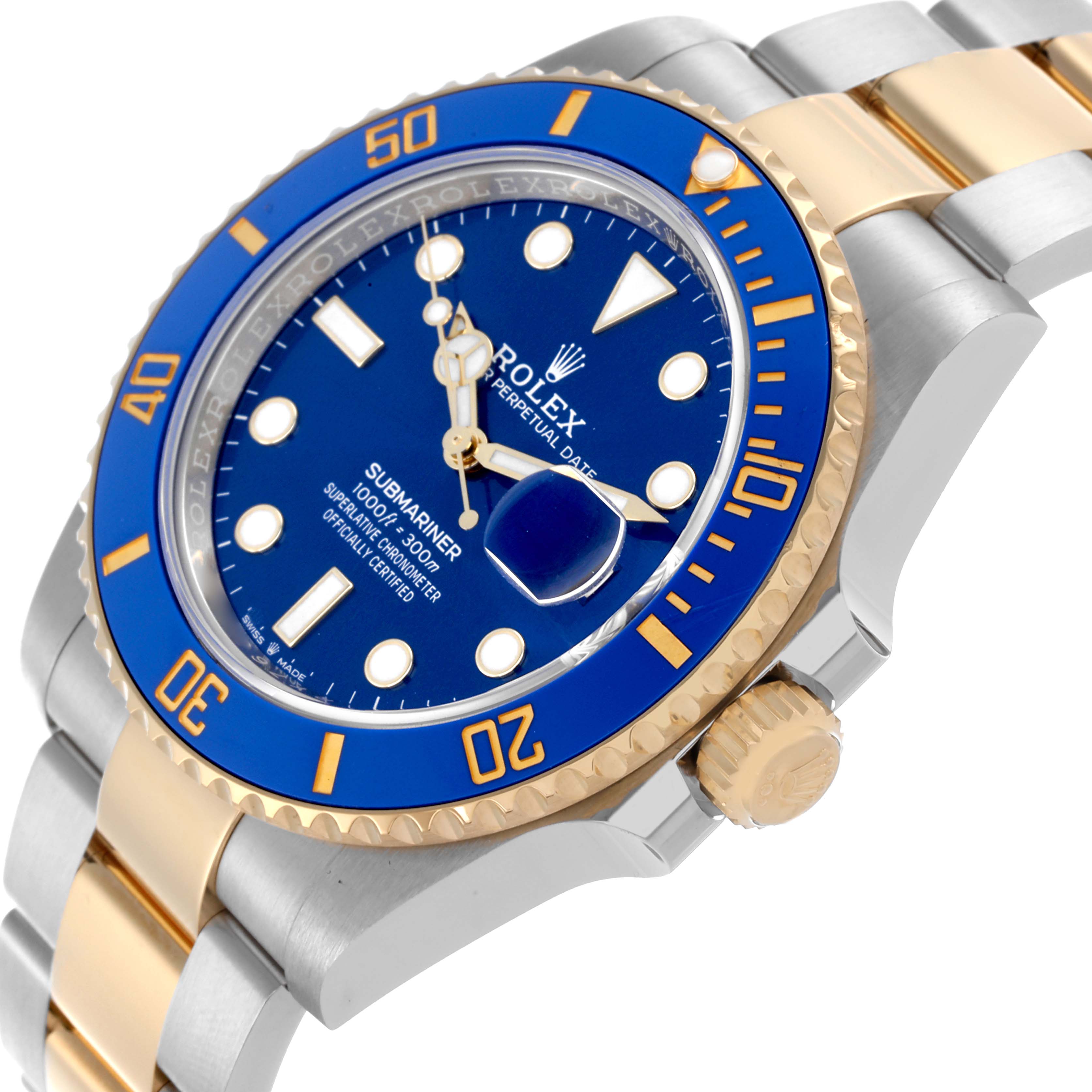 The Rolex Submariner 126613 Men's Steel and Gold (two tone) Blue Dial 126613 Men's Steel and Gold (two tone) Blue Dial is shown at an angle highlighting the blue dial, two-tone bezel, and bracelet.