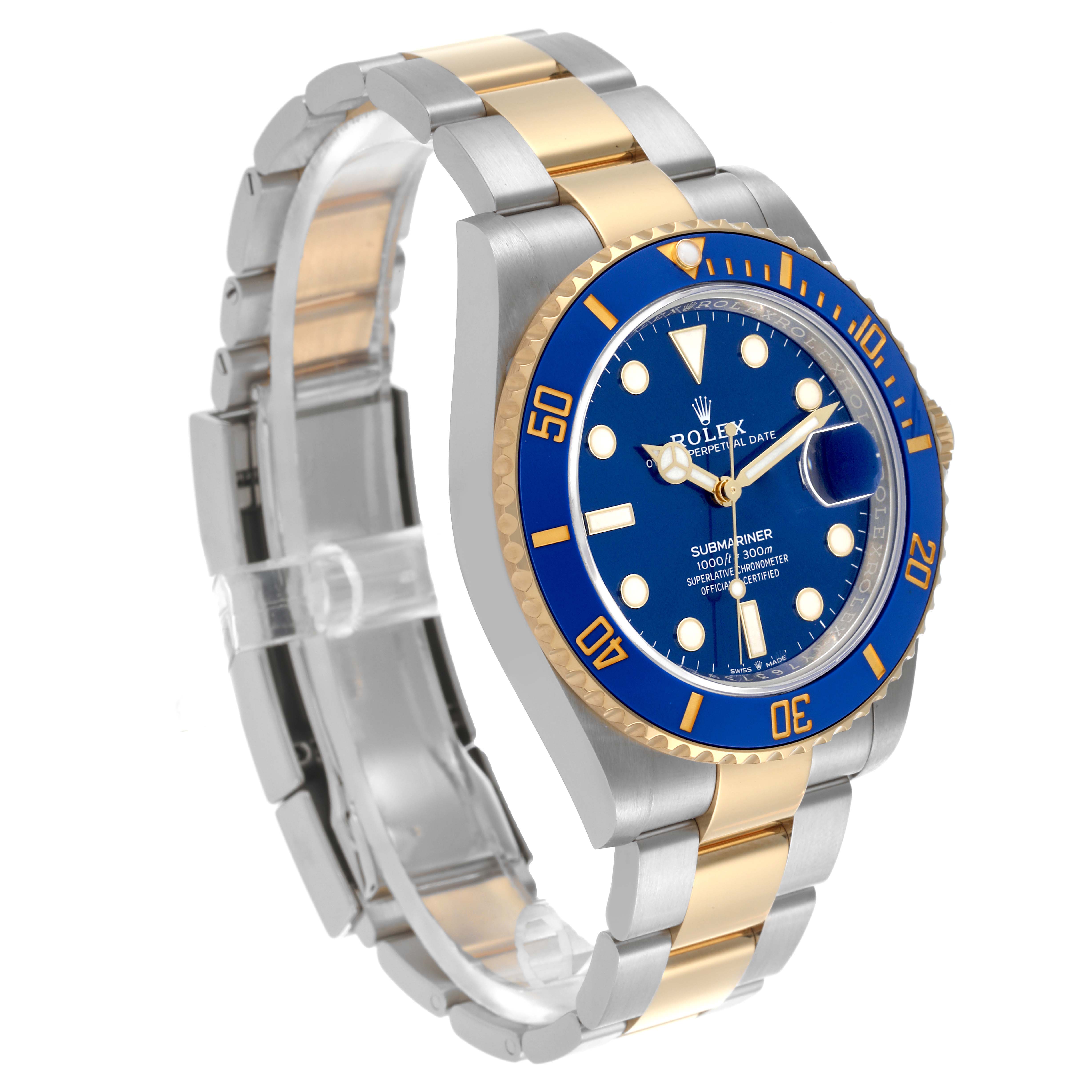 The Rolex Submariner 126613 Men's Steel and Gold (two tone) Blue Dial 126613 Men's Steel and Gold (two tone) Blue Dial watch is shown from a three-quarter angle, highlighting its blue dial, gold bezel, and two-tone bracelet.