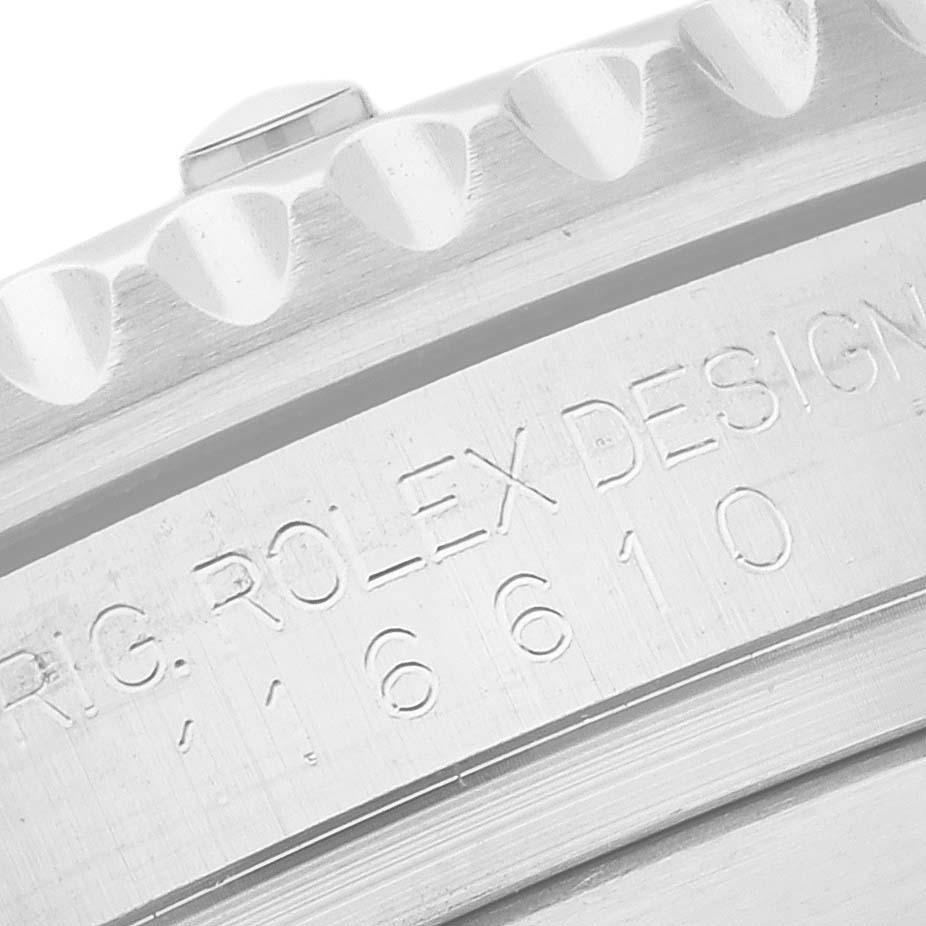 The image shows a close-up of the side of the Rolex Submariner 116610LN Men
s Stainless Steel Black Dial 116610LN Men
s Stainless Steel Black Dial, highlighting the engraved model number.