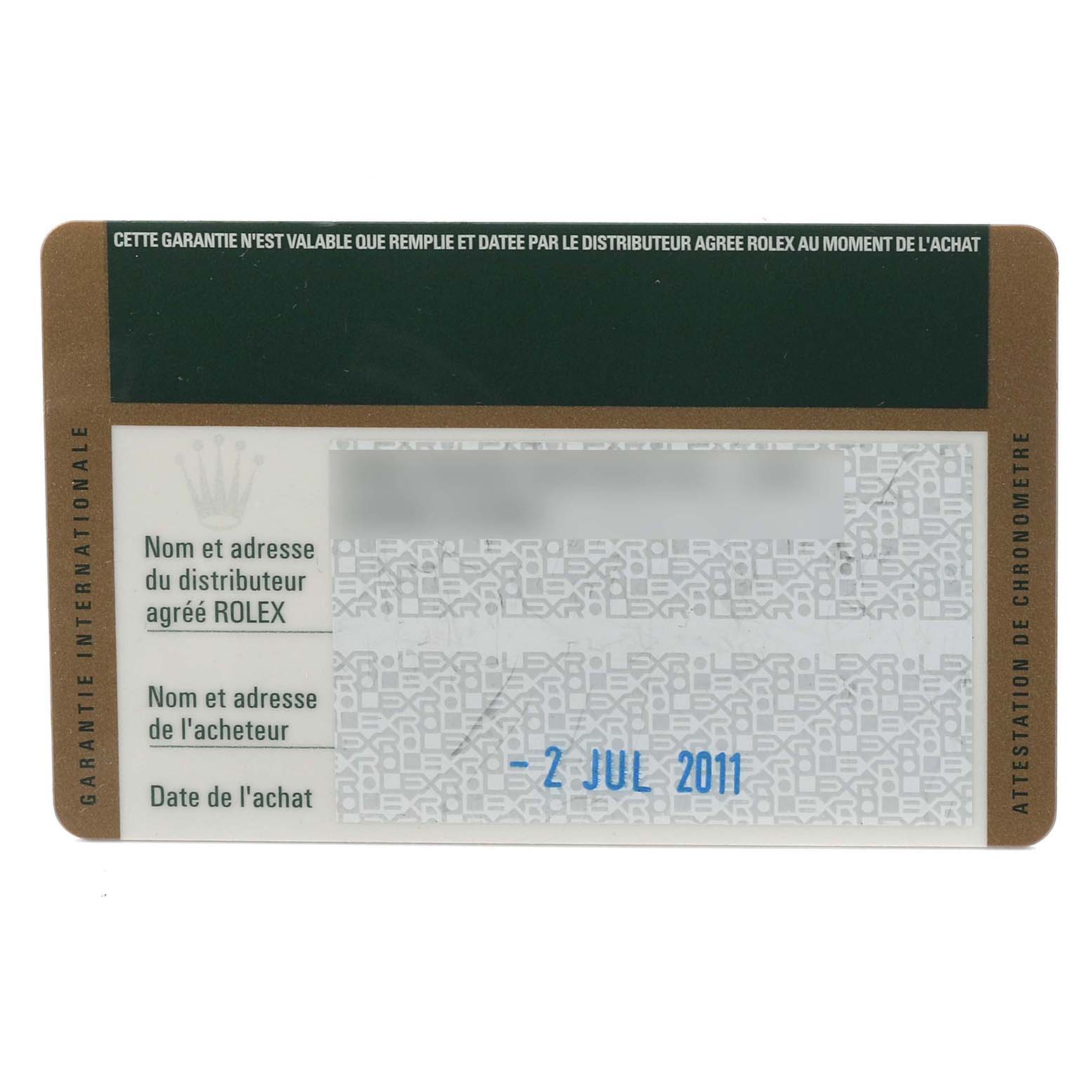 The image shows a warranty card for the Rolex Submariner 116610LN Men
s Stainless Steel Black Dial 116610LN Men
s Stainless Steel Black Dial, displaying purchase date and distributor information.