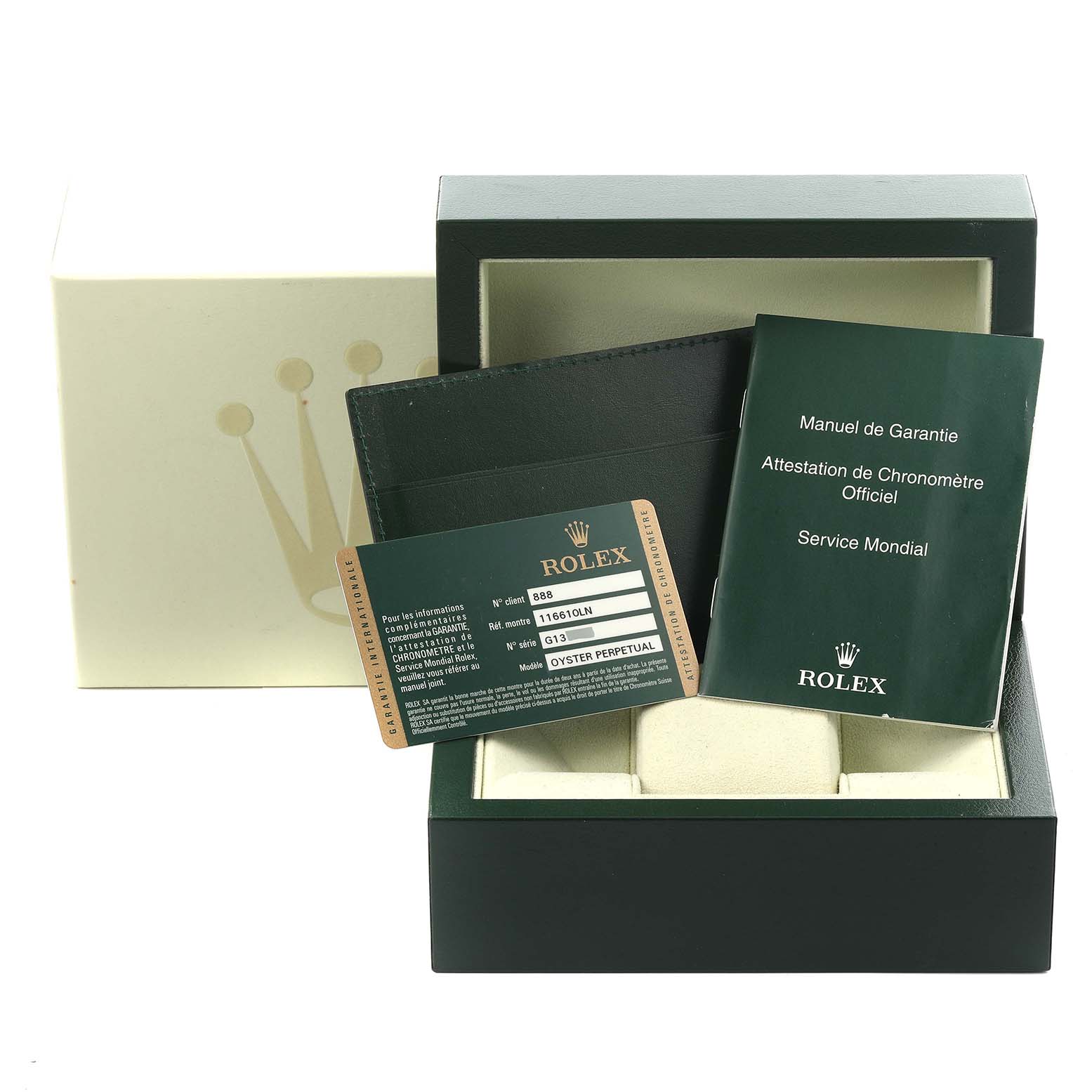 The image shows a Rolex Submariner 116610LN Men
s Stainless Steel Black Dial 116610LN Men
s Stainless Steel Black Dial watch box, warranty booklet, and certification card from a frontal angle.