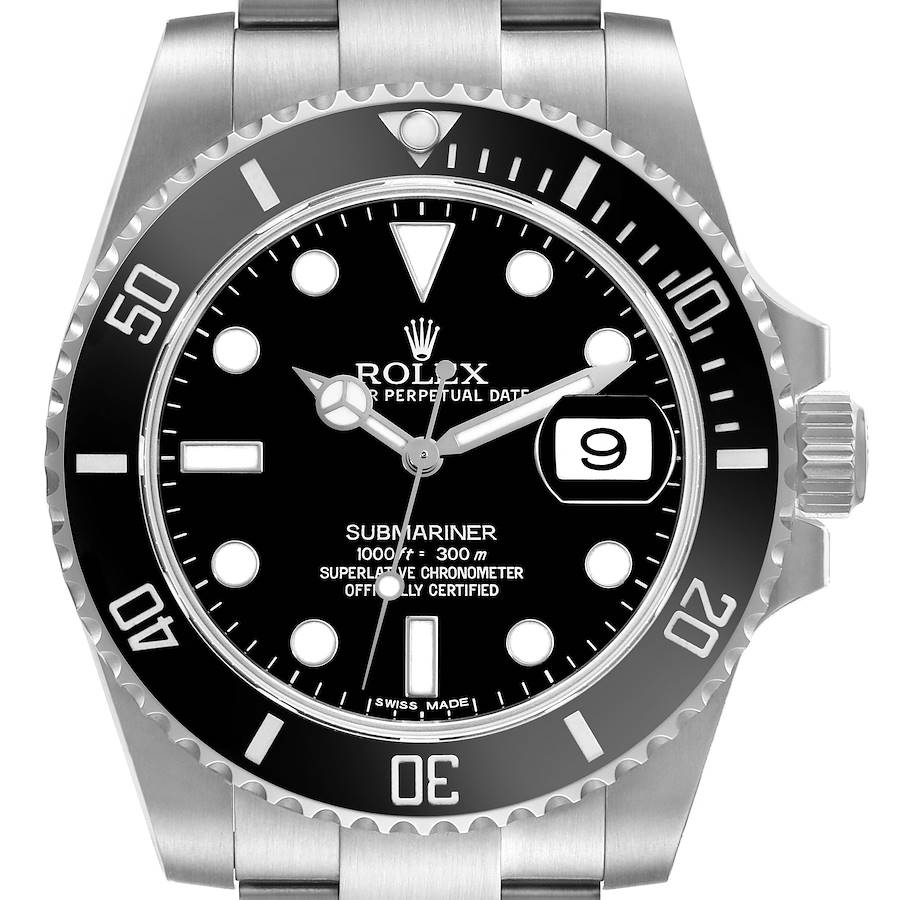 The image shows a front view of the Rolex Submariner watch, featuring the dial, bezel, and part of the bracelet.