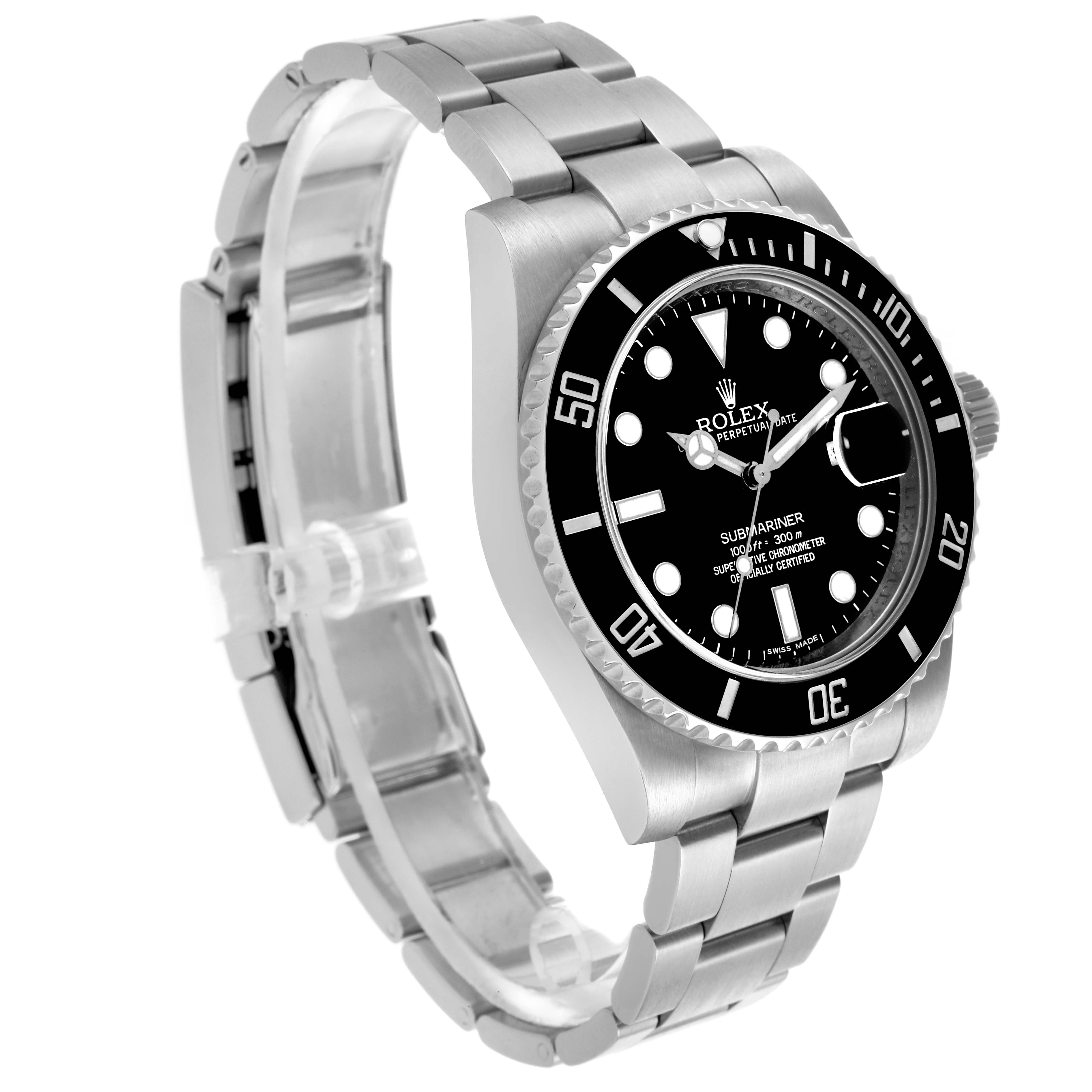 The Rolex Submariner 116610LN Men
s Stainless Steel Black Dial 116610LN Men
s Stainless Steel Black Dial watch is shown at an angled side view, highlighting the face, bezel, and bracelet.
