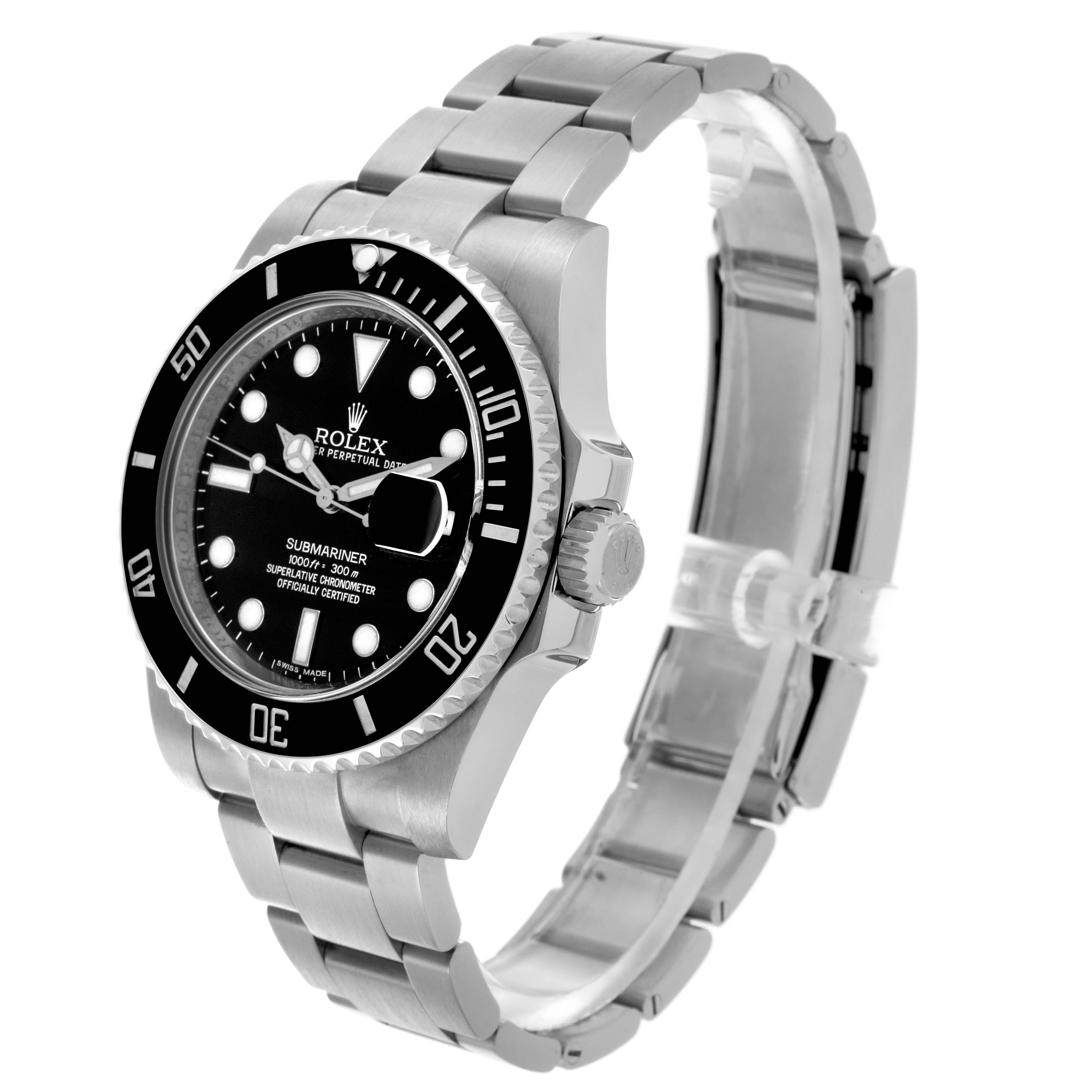 The Rolex Submariner 116610LN Men
s Stainless Steel Black Dial 116610LN Men
s Stainless Steel Black Dial watch is shown at a three-quarter angle, highlighting the dial, bezel, crown, and bracelet.