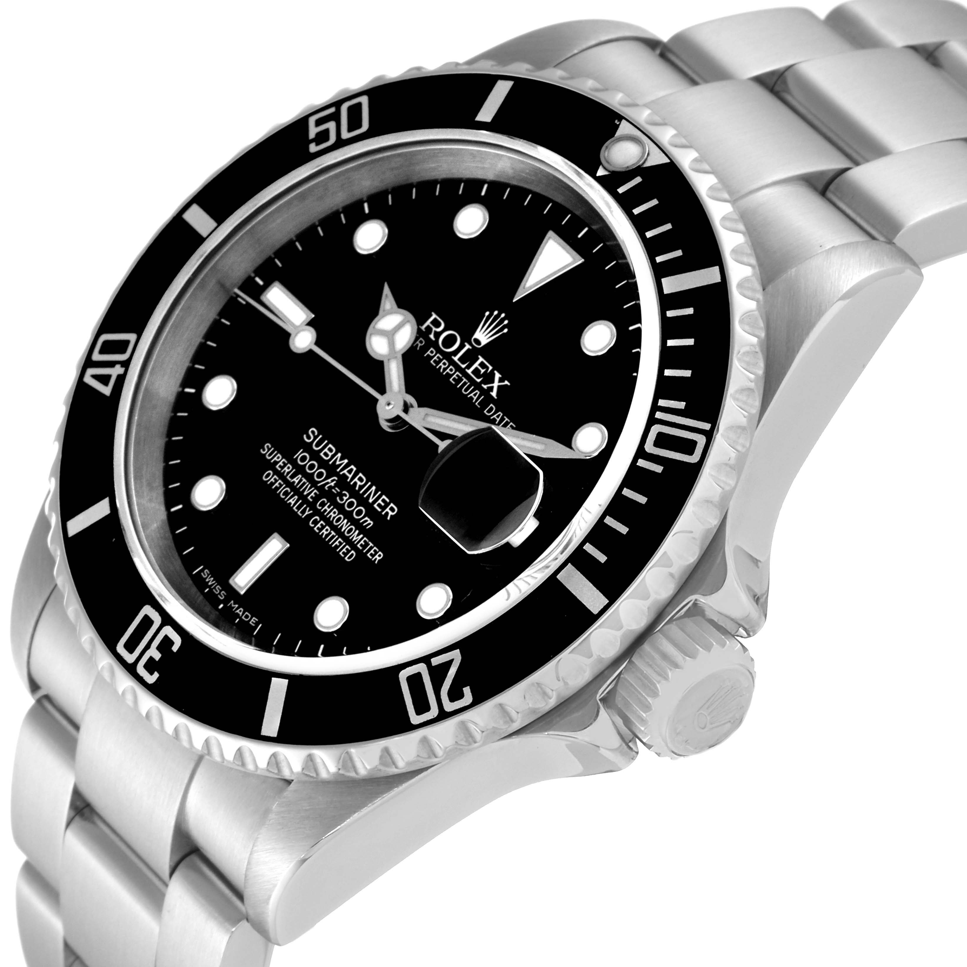 The Rolex Submariner 16610 Men's Stainless Steel Black Dial 16610 Men's Stainless Steel Black Dial watch is shown at an oblique angle highlighting its bezel, dial, crown, and bracelet.