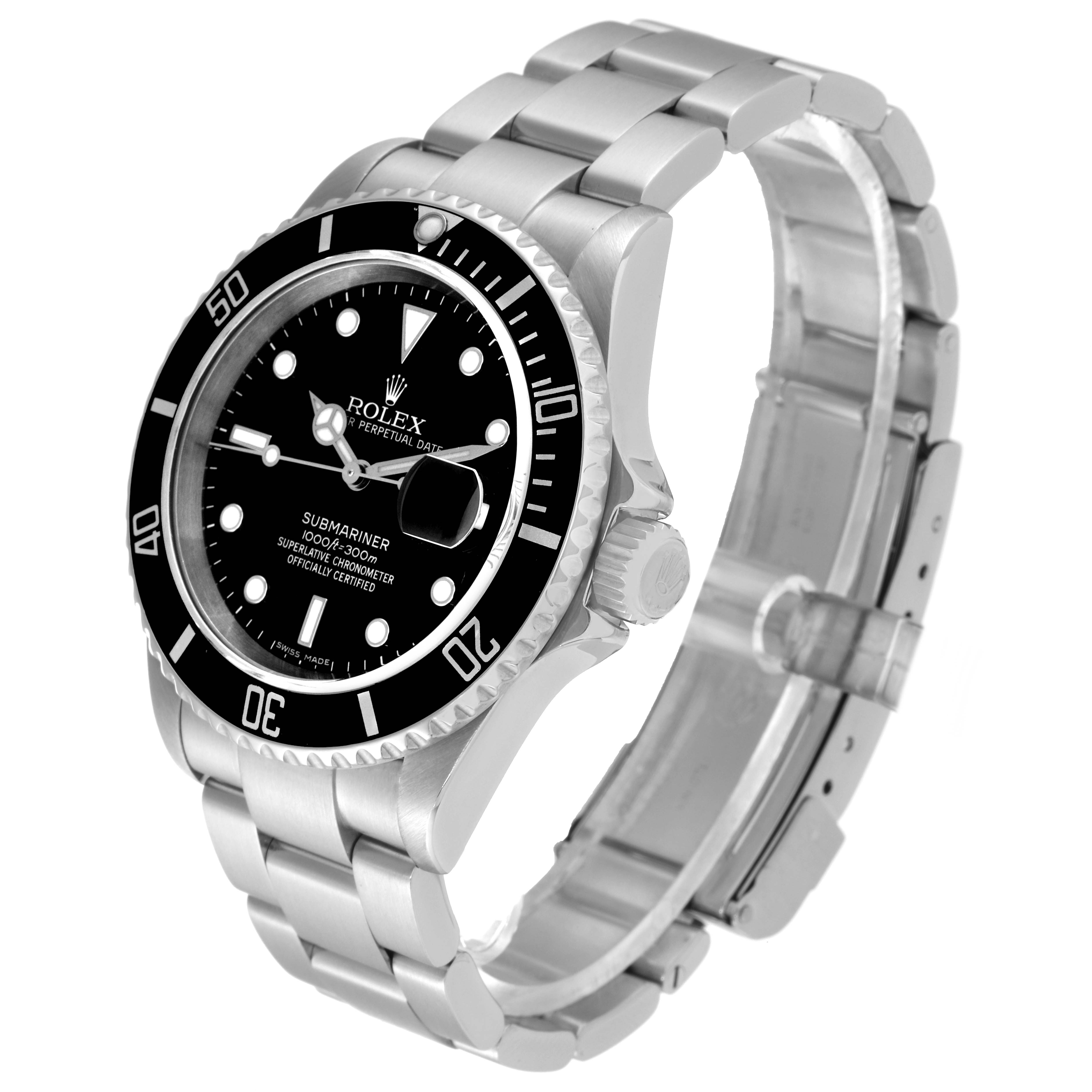 The image shows a side profile of the Rolex Submariner 16610 Men's Stainless Steel Black Dial 16610 Men's Stainless Steel Black Dial watch, highlighting the bracelet, bezel, and face.