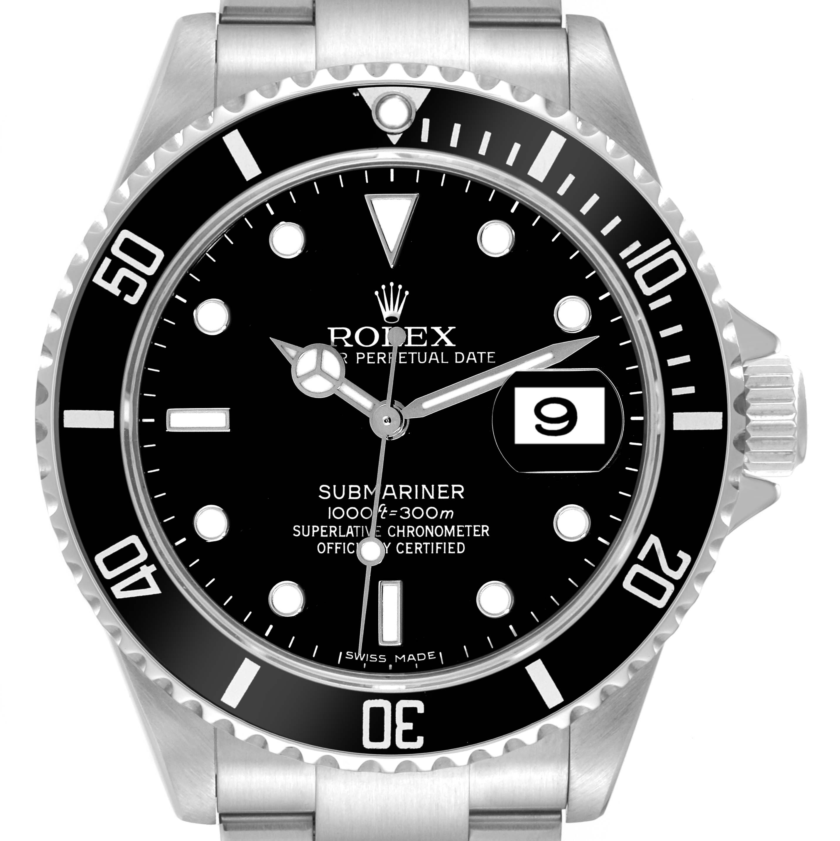 The image shows a front view of a Rolex Submariner 16610 Men's Stainless Steel Black Dial 16610 Men's Stainless Steel Black Dial watch, highlighting the dial, bezel, and part of the stainless steel bracelet.