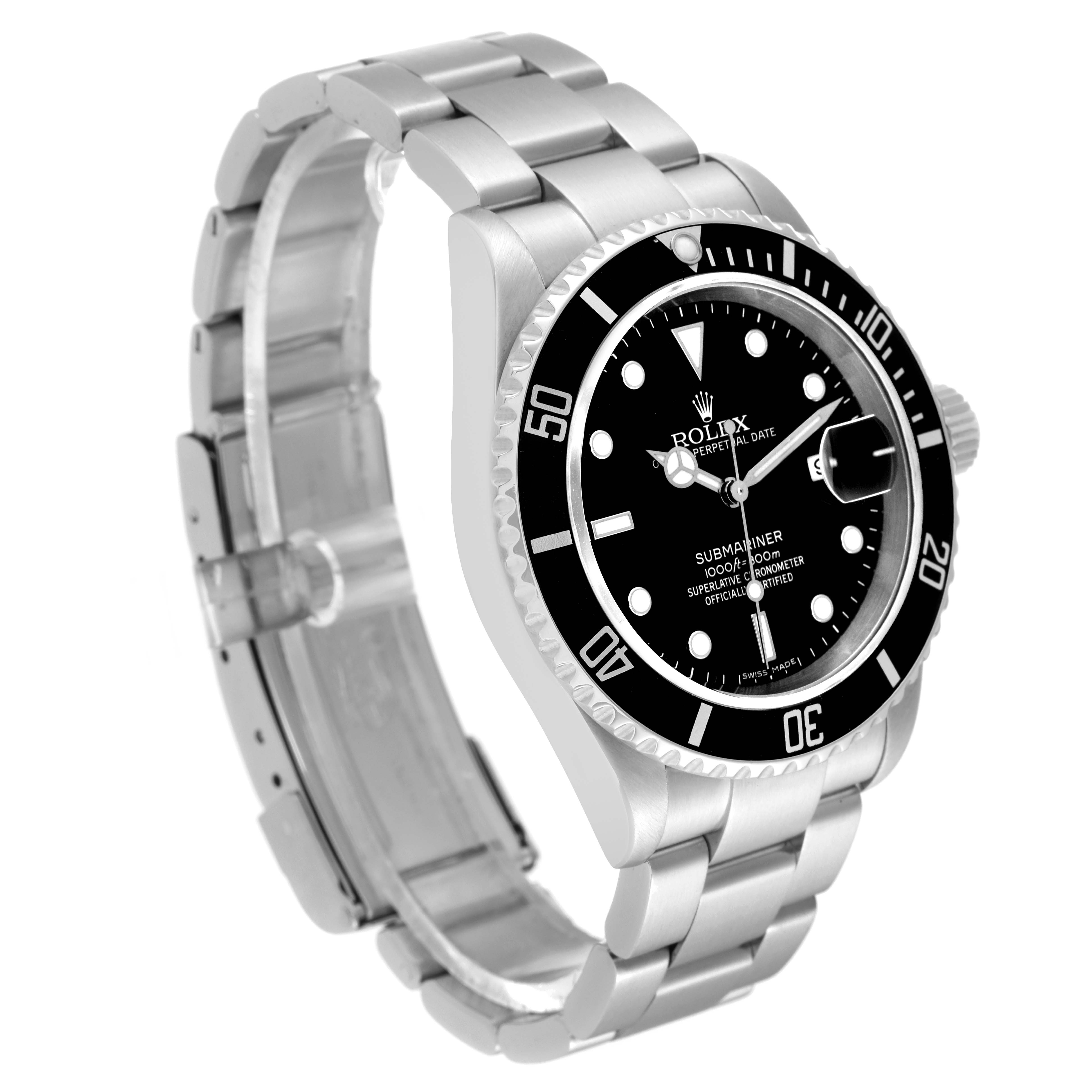 The image shows a Rolex Submariner 16610 Men's Stainless Steel Black Dial 16610 Men's Stainless Steel Black Dial watch, angled slightly from the right, highlighting the face, bezel, and metal bracelet.