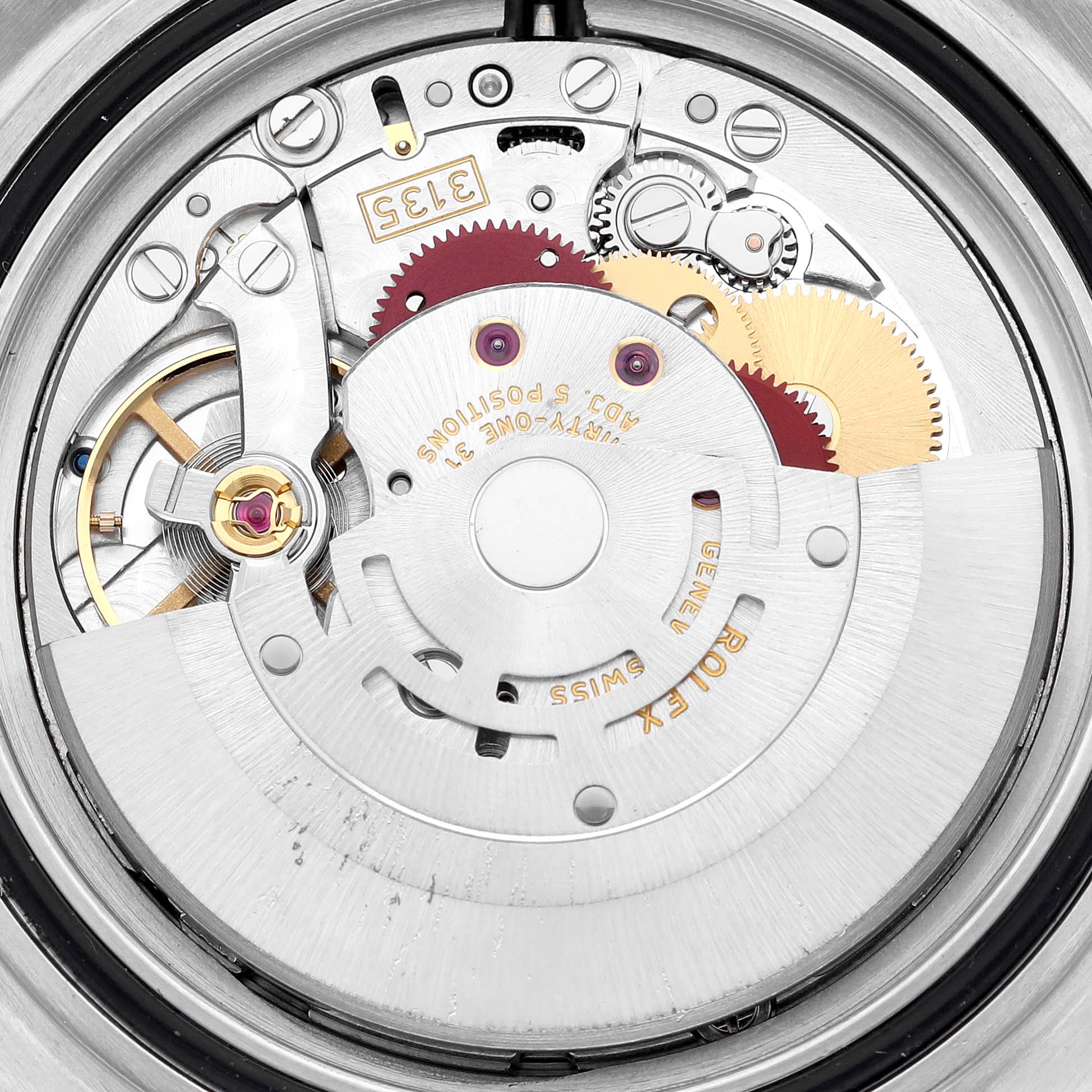 This image shows the intricate internal mechanism of a Rolex Submariner 16610 Men's Stainless Steel Black Dial 16610 Men's Stainless Steel Black Dial watch from a top-down angle.