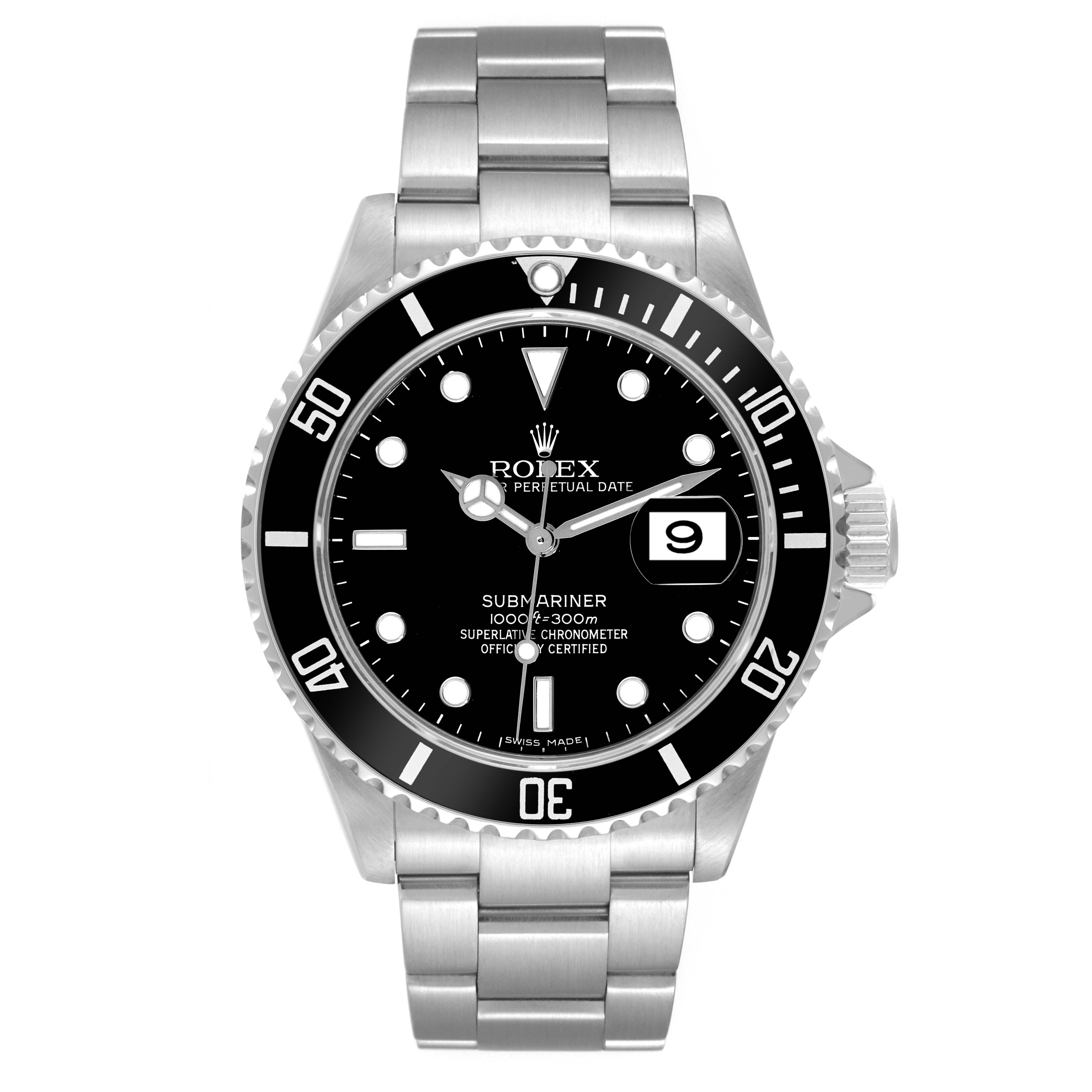 The image shows a front view of the Rolex Submariner 16610 Men's Stainless Steel Black Dial 16610 Men's Stainless Steel Black Dial, displaying the dial, bezel, and metal bracelet.