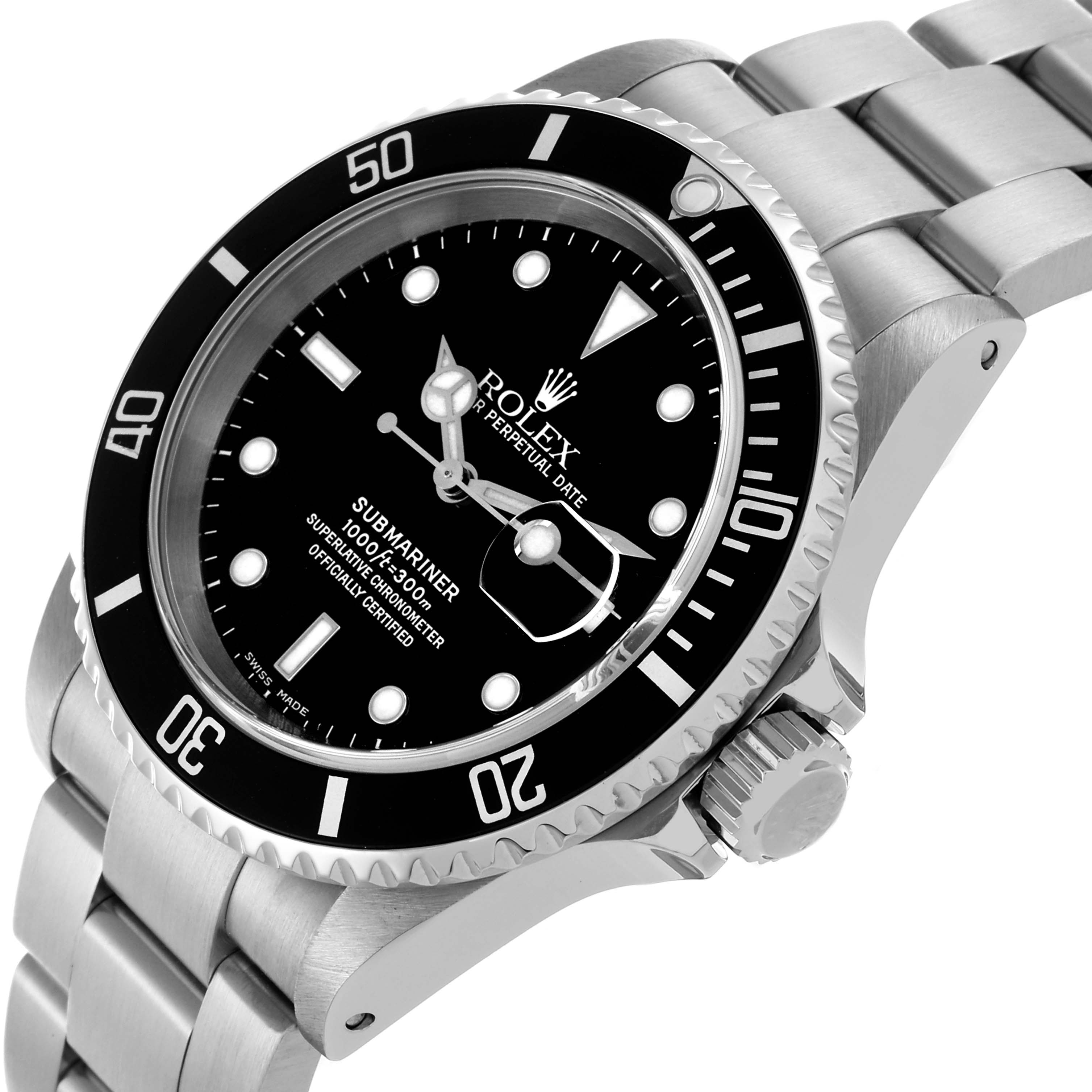 The Rolex Submariner 16610 Men
s Stainless Steel Black Dial 16610 Men
s Stainless Steel Black Dial watch is shown at a slight angle, displaying the black dial, bezel, crown, and metal bracelet.