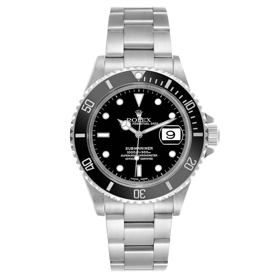 The Rolex Submariner watch is shown from a front angle, displaying the face, bezel, crown, and bracelet.