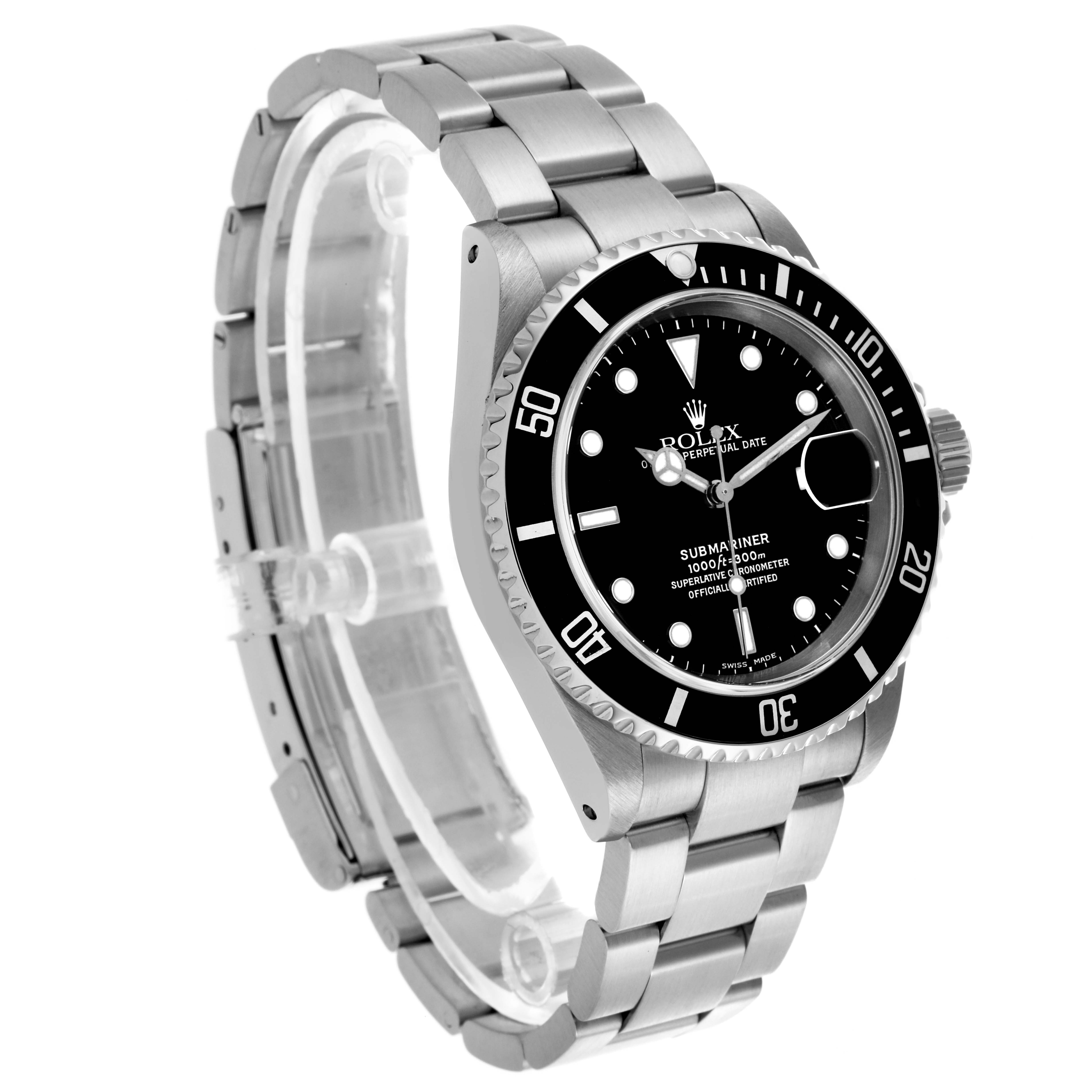 The Rolex Submariner 16610 Men
s Stainless Steel Black Dial 16610 Men
s Stainless Steel Black Dial watch is shown at a slight side angle, displaying the face, bezel, bracelet, and crown.