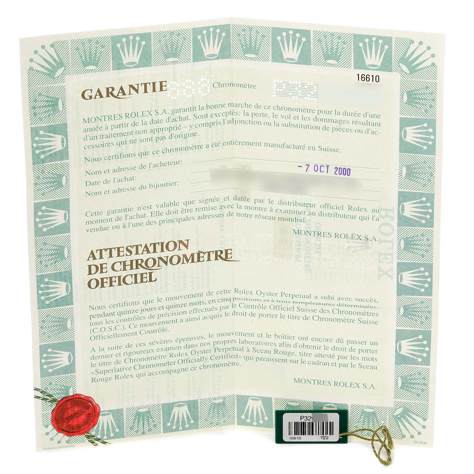 The image shows a warranty certificate for the Rolex Submariner 16610 Men
s Stainless Steel Black Dial 16610 Men
s Stainless Steel Black Dial model, featuring text and a seal.