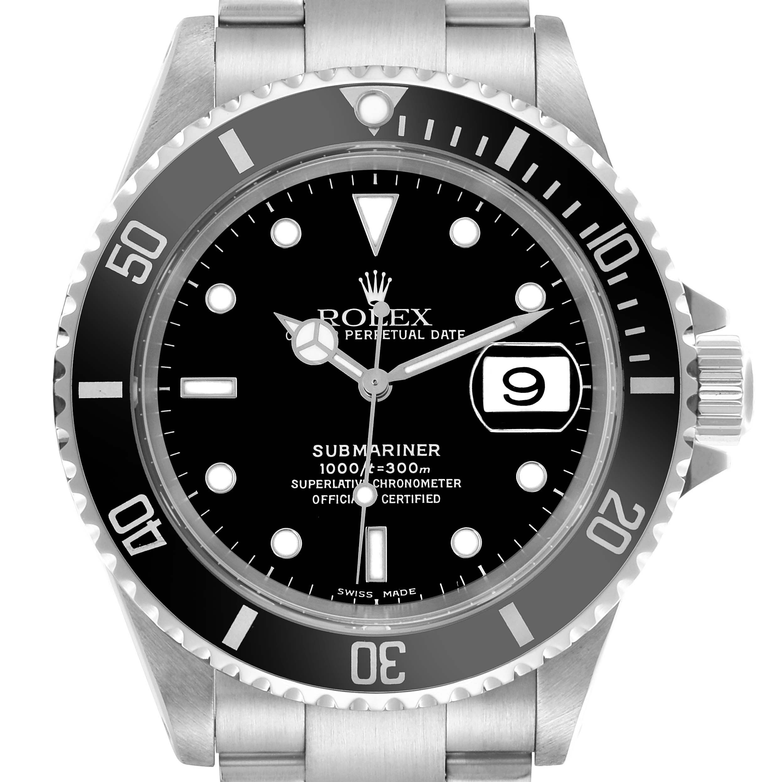 This image shows a front view of the Rolex Submariner 16610 Men
s Stainless Steel Black Dial 16610 Men
s Stainless Steel Black Dial, highlighting the dial, bezel, hands, and bracelet.