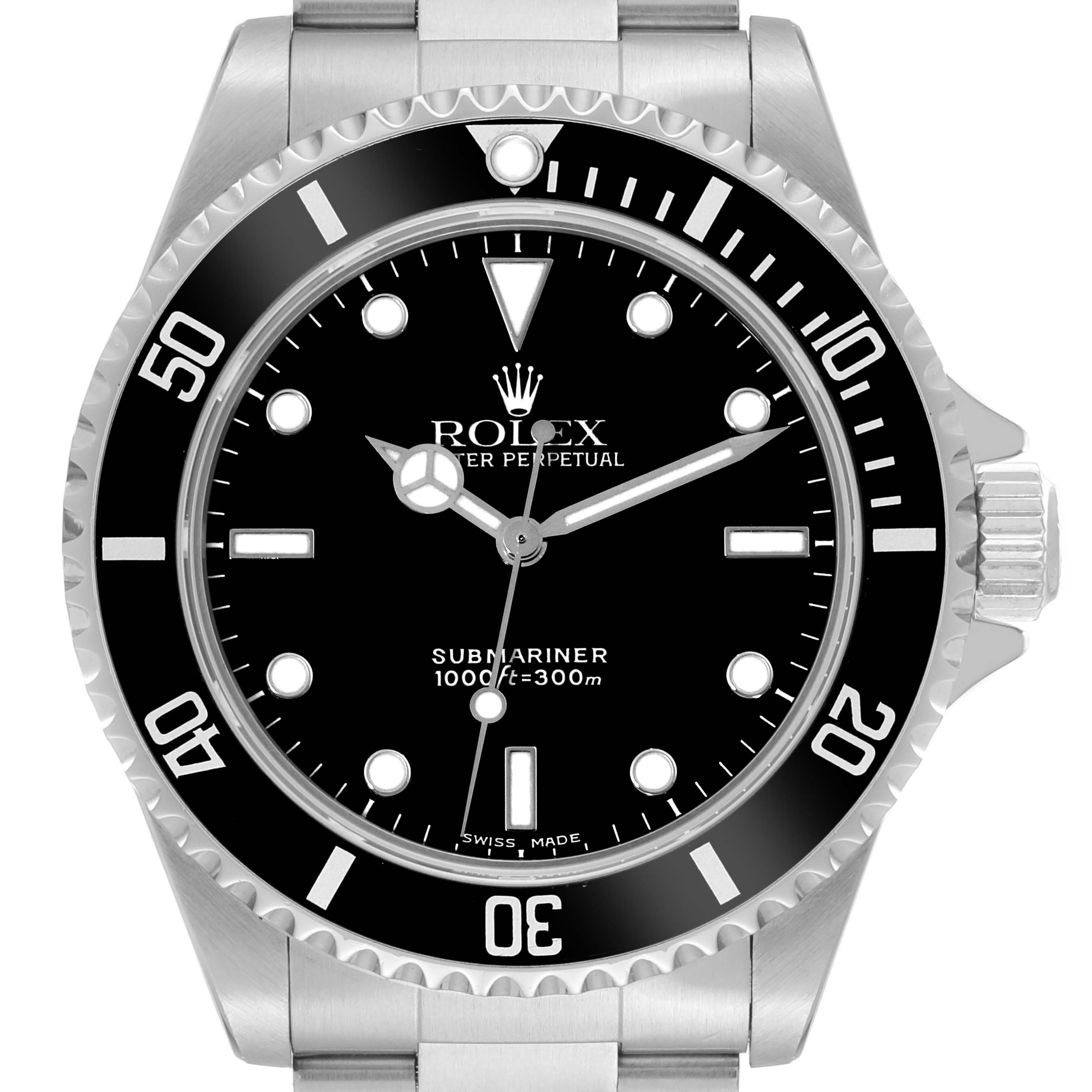 The image shows a front view of a Rolex Submariner 14060 Men
s Stainless Steel Black Dial 14060 Men
s Stainless Steel Black Dial watch, displaying its black dial, rotating bezel, and crown.