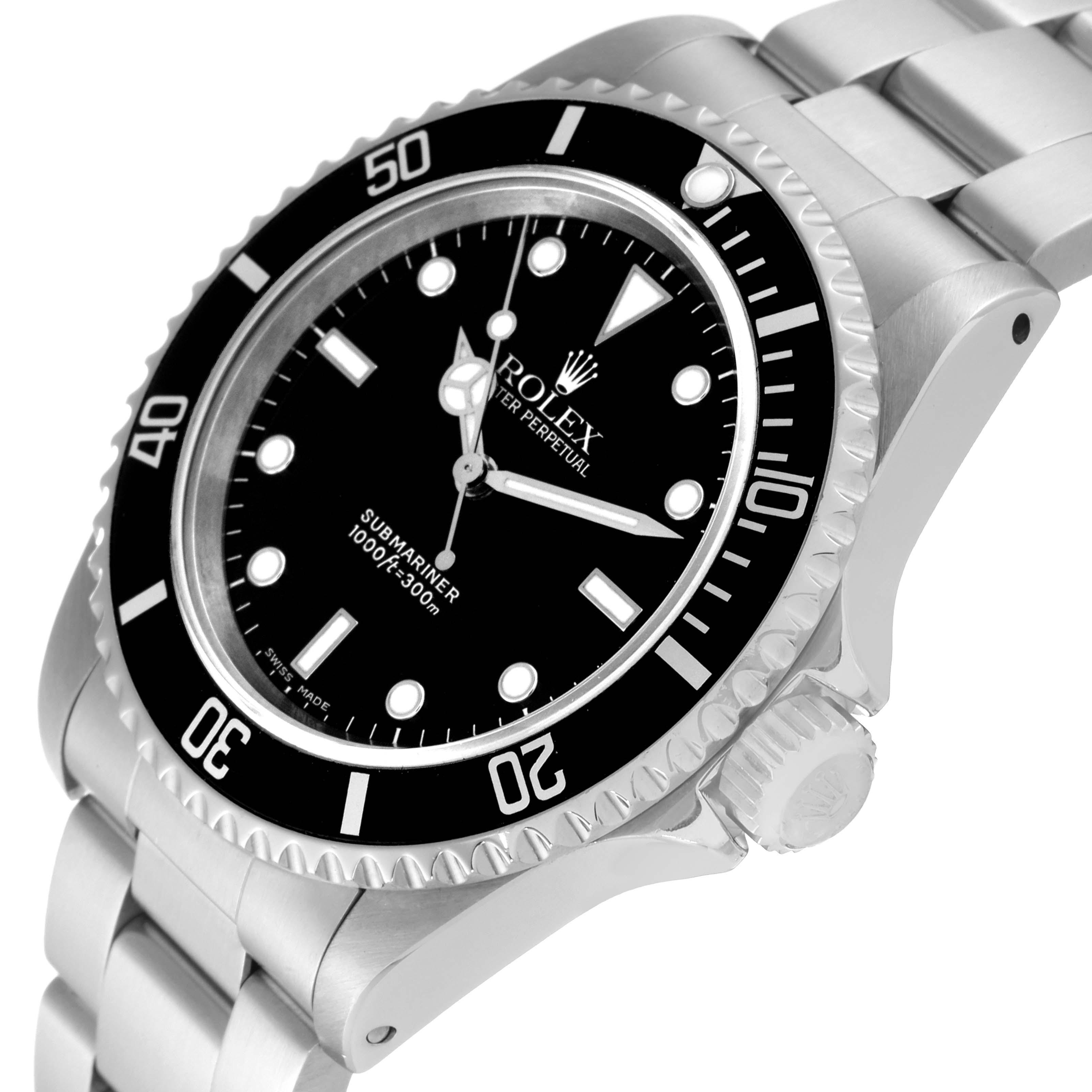The image shows a Rolex Submariner 14060 Men
s Stainless Steel Black Dial 14060 Men
s Stainless Steel Black Dial watch at an angled close-up, highlighting the dial, bezel, and a portion of the bracelet.