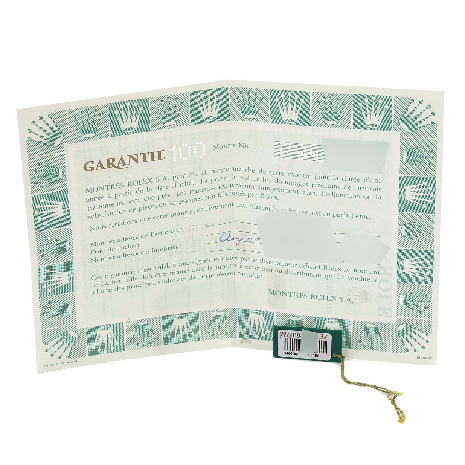 The image shows the warranty card and tag of a Rolex Submariner 14060 Men
s Stainless Steel Black Dial 14060 Men
s Stainless Steel Black Dial watch.