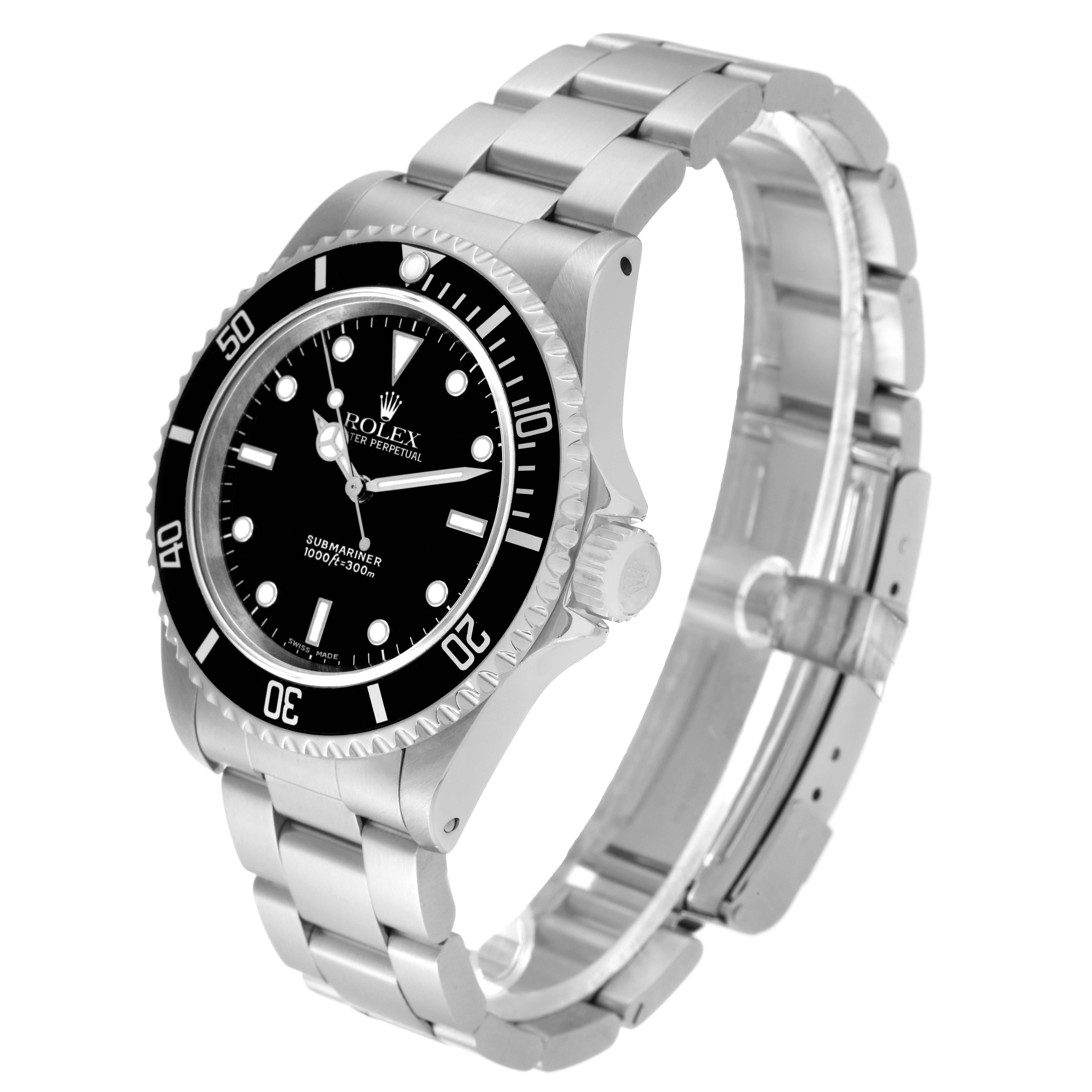 This image features a side-angle view of the Rolex Submariner 14060 Men
s Stainless Steel Black Dial 14060 Men
s Stainless Steel Black Dial watch, showcasing its face, bezel, and metal bracelet.