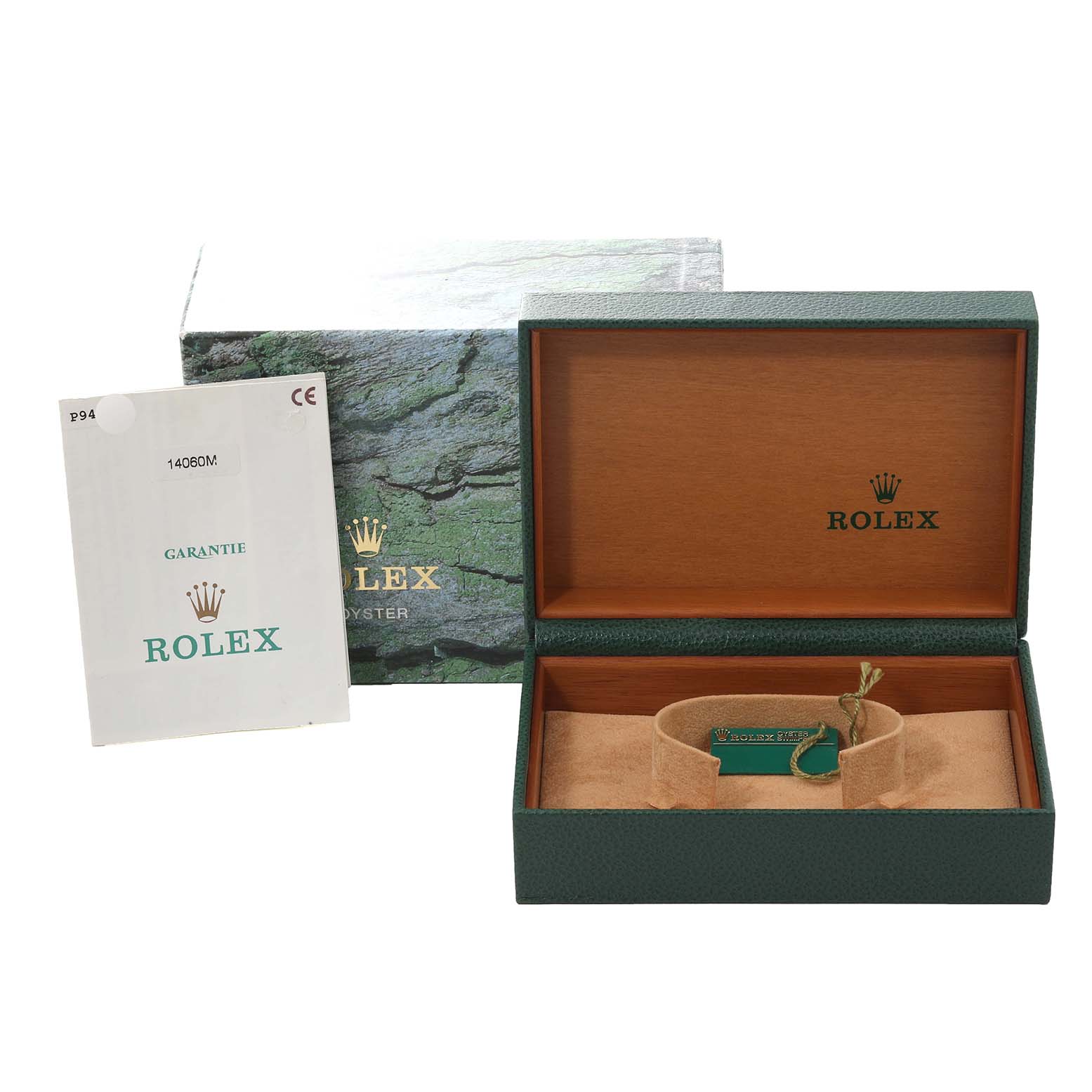 The image shows the packaging, warranty card, and box of a Rolex Submariner 14060 Men
s Stainless Steel Black Dial 14060 Men
s Stainless Steel Black Dial watch.