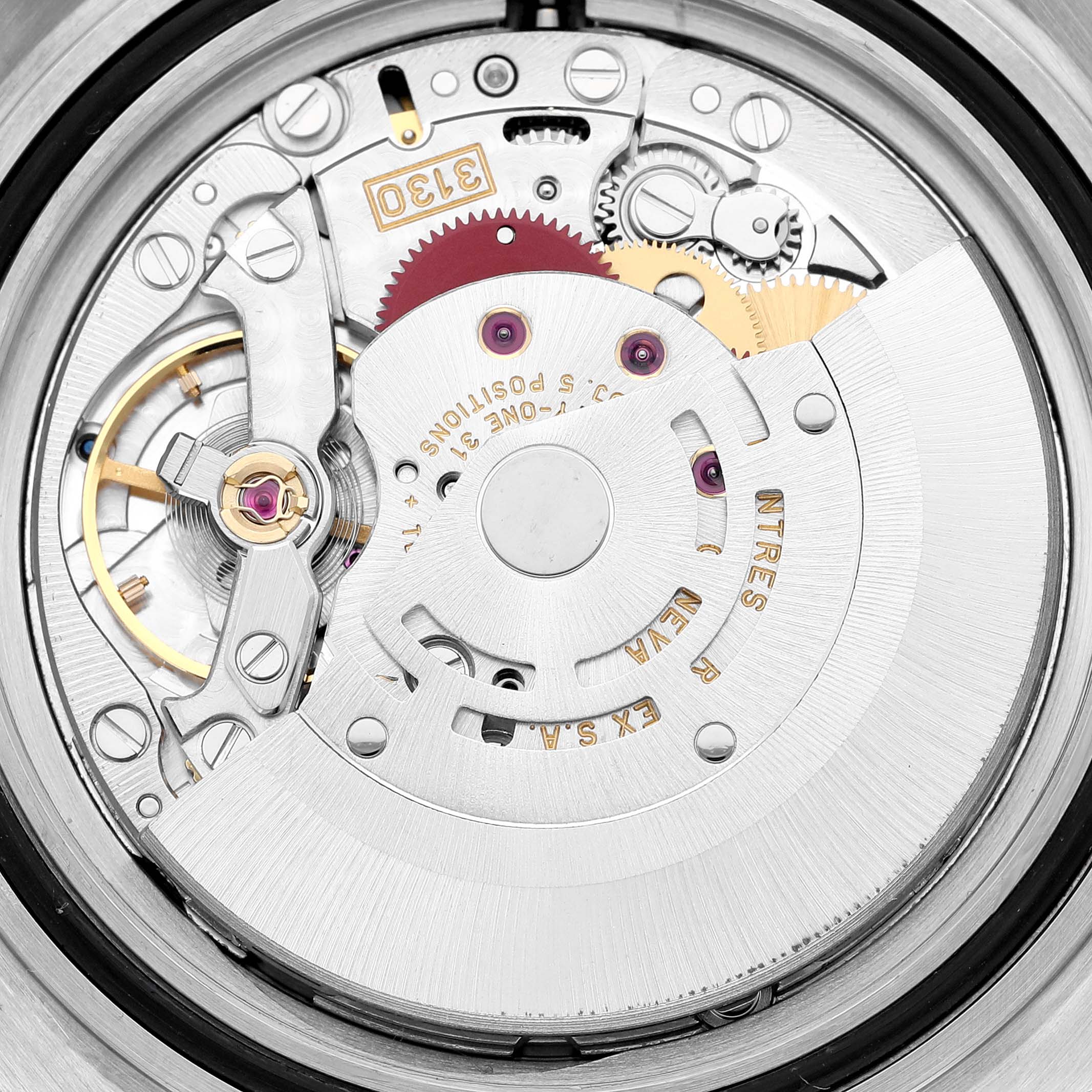 This image shows the internal mechanism of the Rolex Submariner 14060 Men
s Stainless Steel Black Dial 14060 Men
s Stainless Steel Black Dial watch, focusing on its movement components.