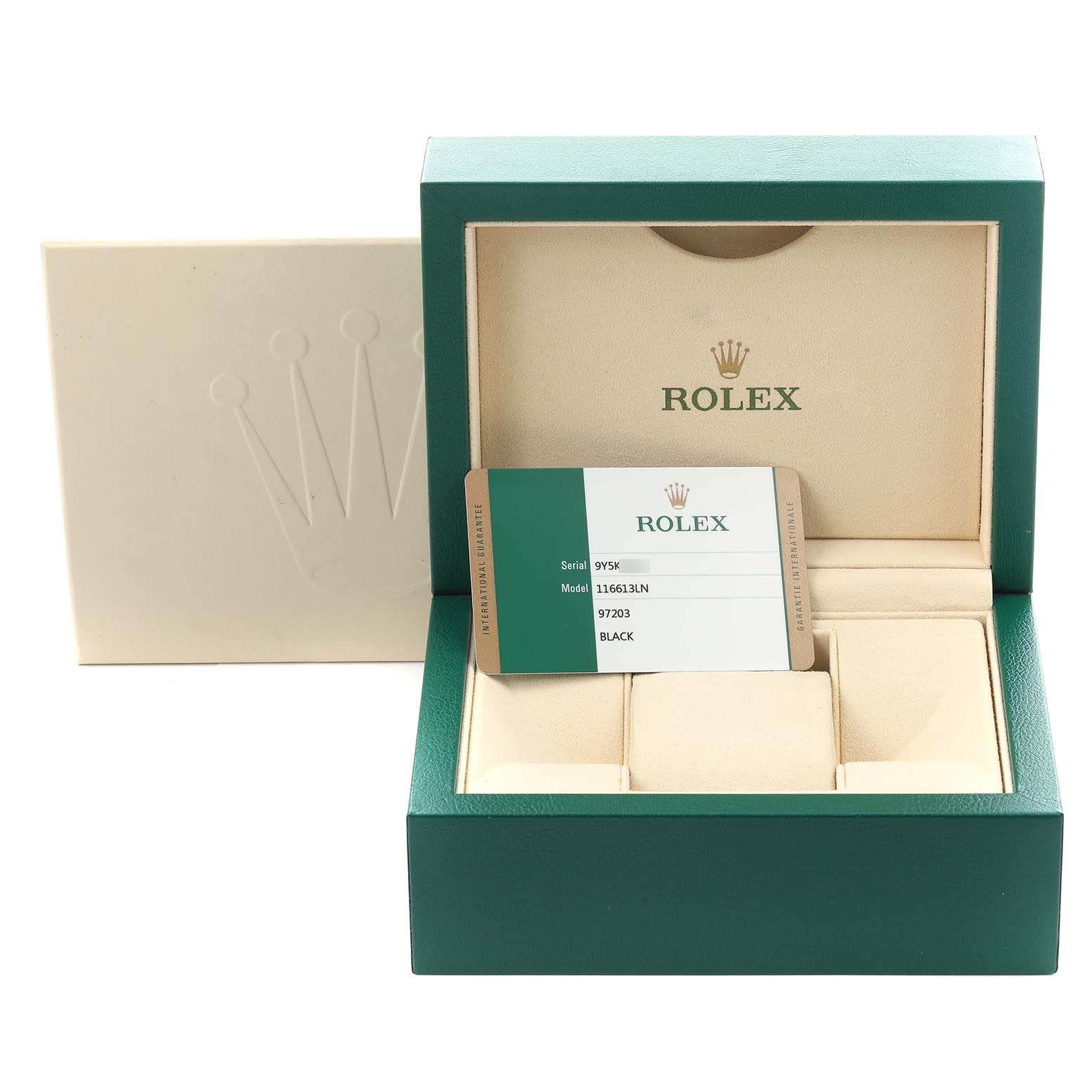 The image shows a Rolex Submariner 116613 Men's Steel and Gold (two tone) Black Dial 116613 Men's Steel and Gold (two tone) Black Dial box with the authenticity card displayed inside.