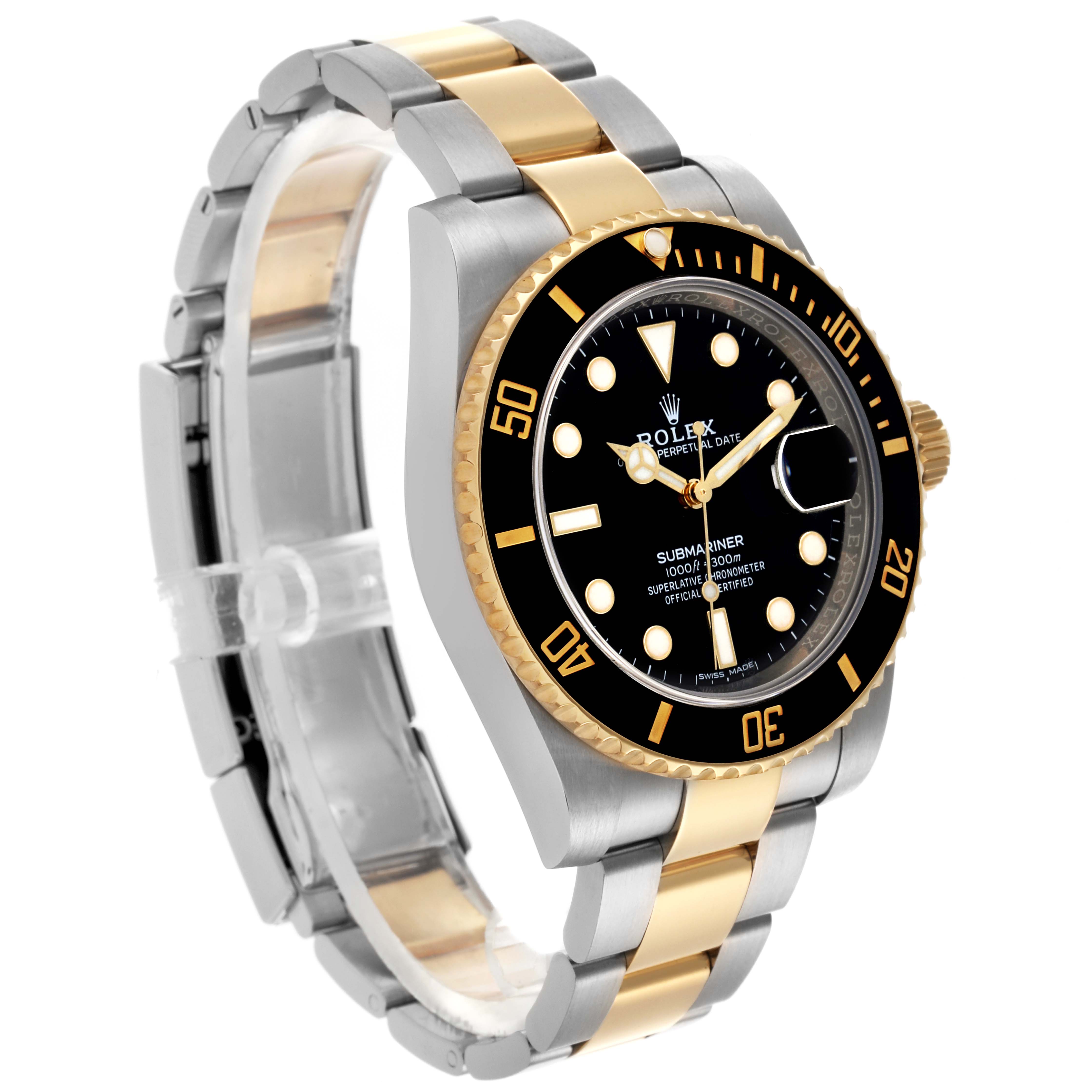 The Rolex Submariner 116613 Men's Steel and Gold (two tone) Black Dial 116613 Men's Steel and Gold (two tone) Black Dial is shown at an angled side view, displaying the bezel, dial, bracelet, and crown.
