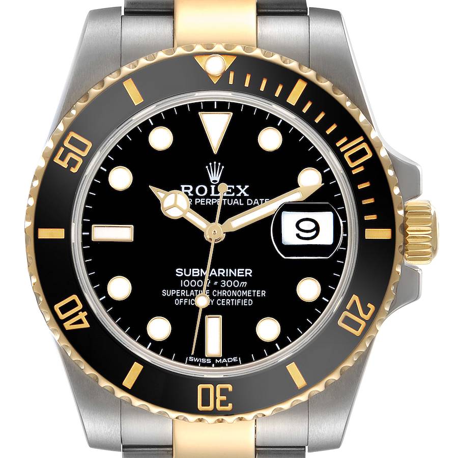 The image shows a frontal view of the Rolex Submariner, highlighting its bezel, dial, and crown.