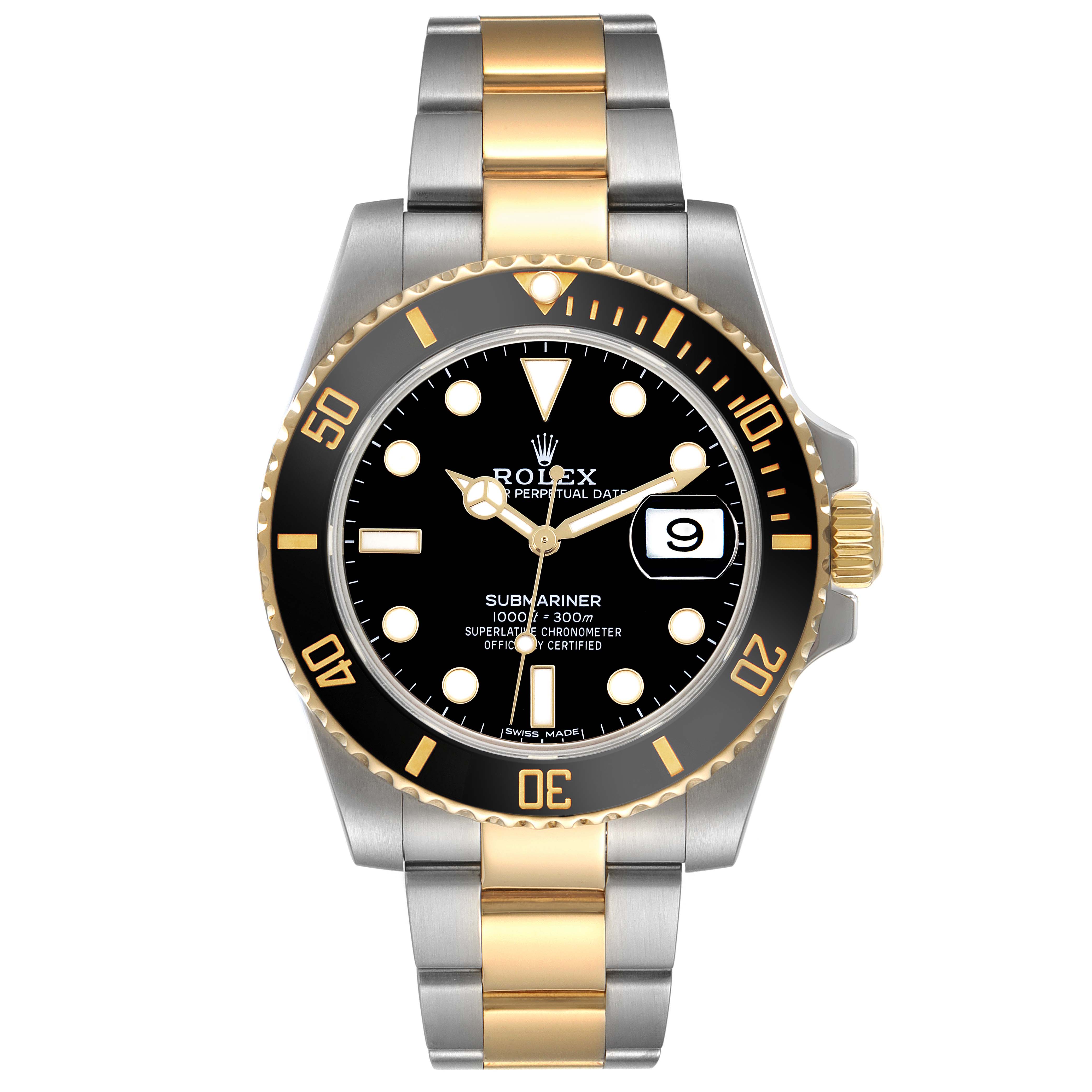 The Rolex Submariner 116613 Men's Steel and Gold (two tone) Black Dial 116613 Men's Steel and Gold (two tone) Black Dial is shown from the front, displaying the dial, bezel, and full metal bracelet.