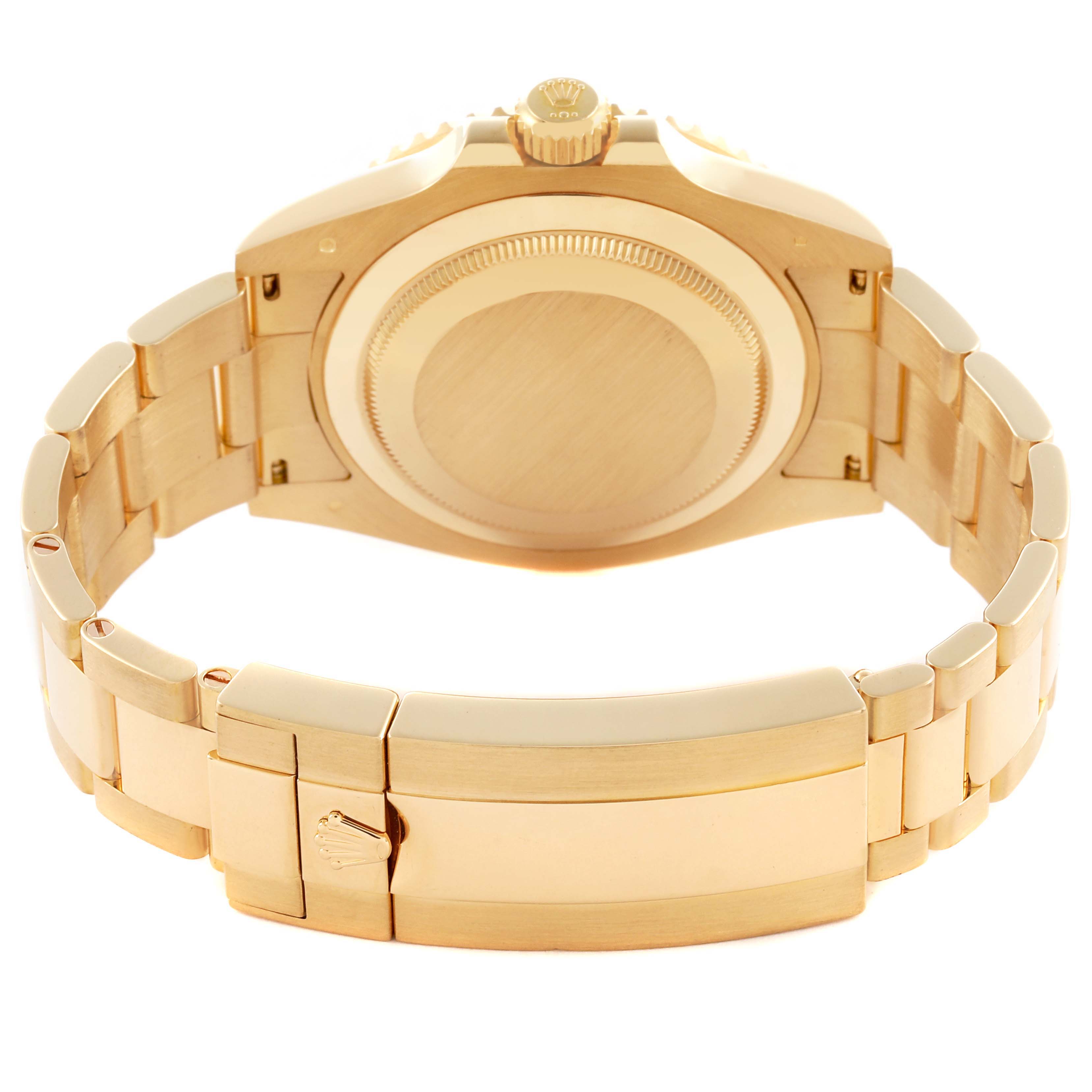 The image shows the back side and bracelet of a Rolex Submariner 126618LB Men's Yellow Gold Blue Dial 126618LB Men's Yellow Gold Blue Dial watch, highlighting the clasp and case back.