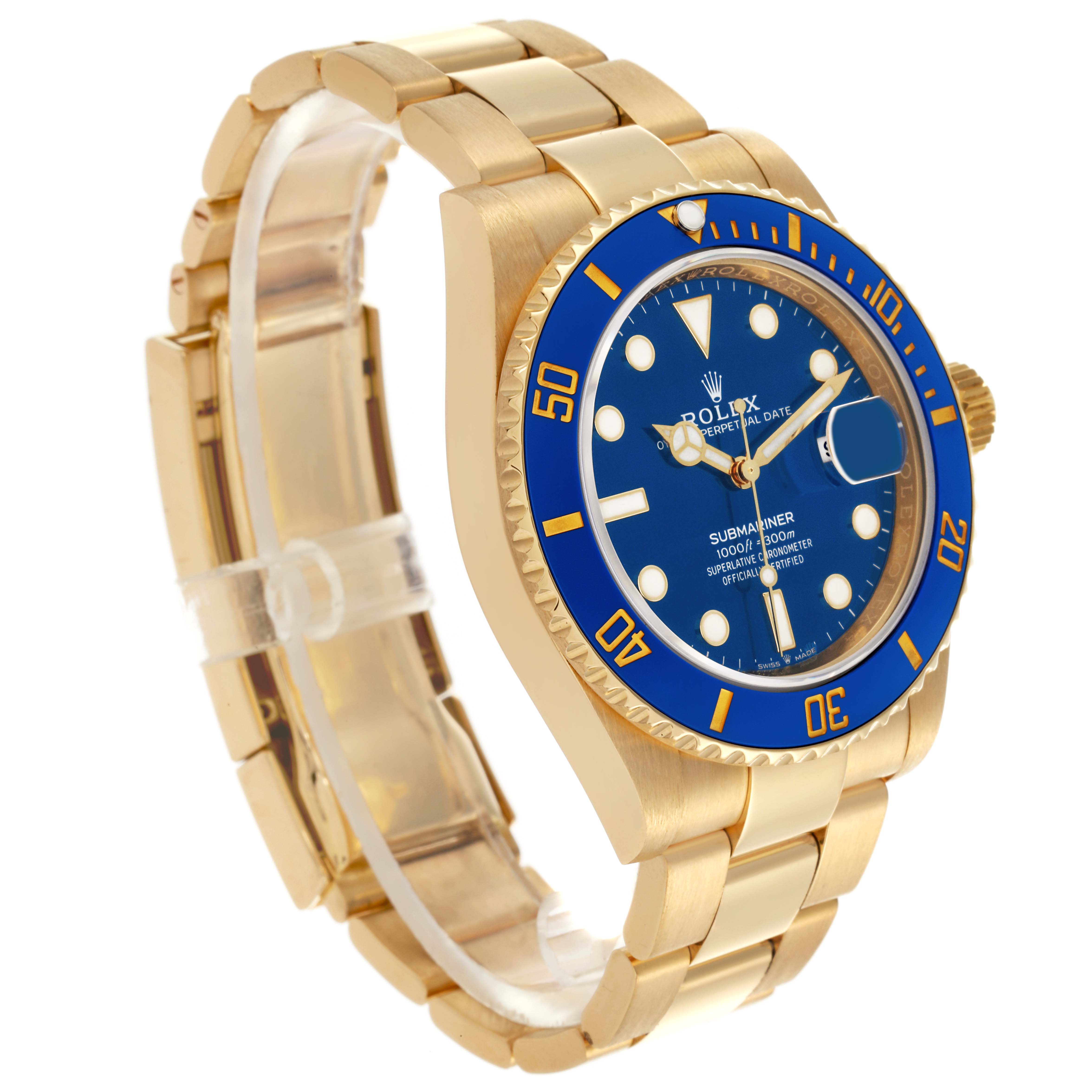 The Rolex Submariner 126618LB Men's Yellow Gold Blue Dial 126618LB Men's Yellow Gold Blue Dial is shown at a three-quarter angle, displaying the blue bezel, dial, and gold bracelet.