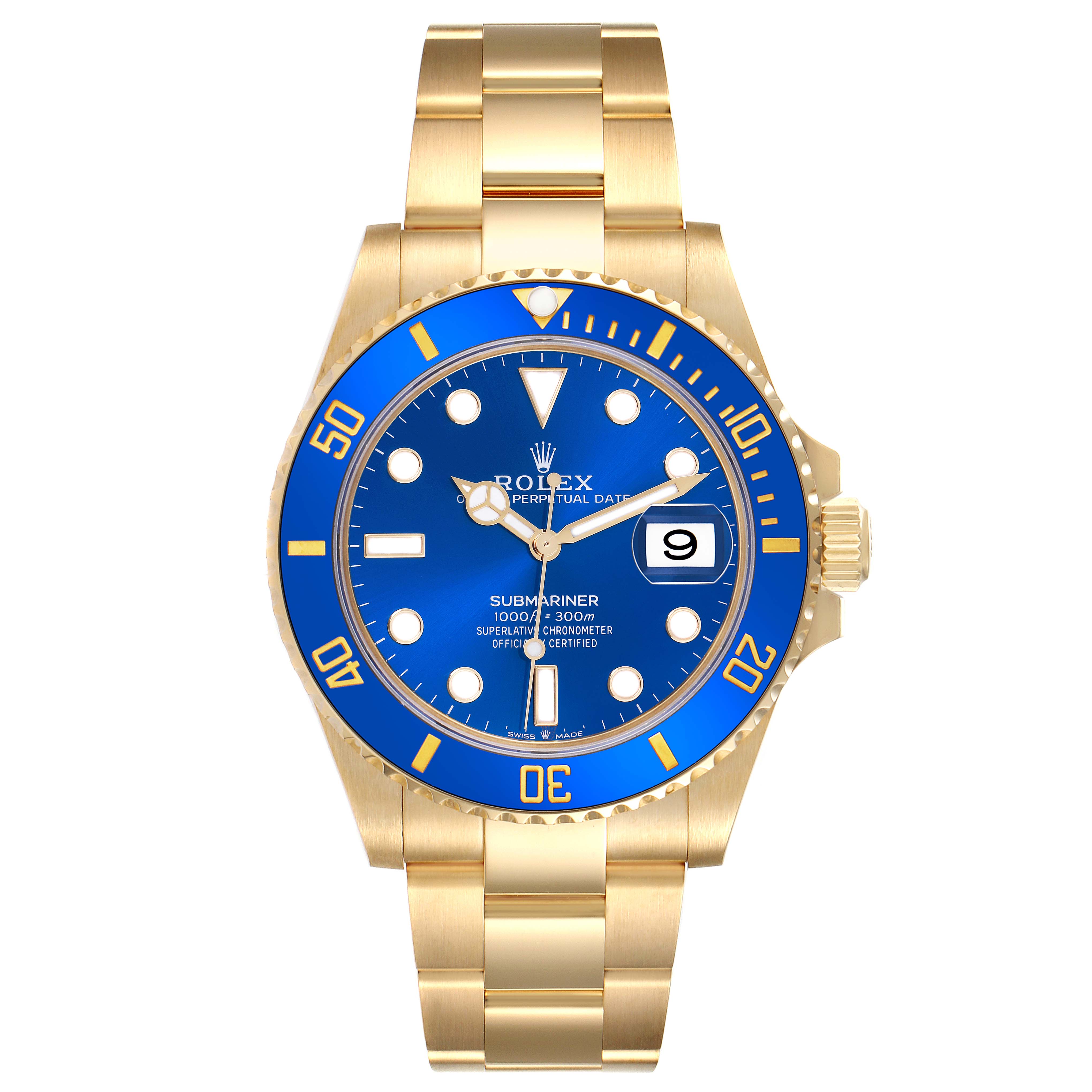 The Rolex Submariner 126618LB Men's Yellow Gold Blue Dial 126618LB Men's Yellow Gold Blue Dial is shown from a front angle, displaying the dial, hands, bezel, and bracelet.