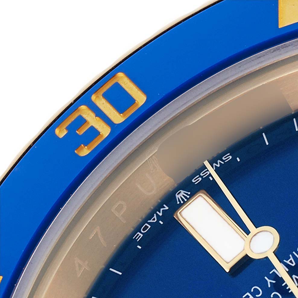The image shows a close-up of the blue bezel and dial of a Rolex Submariner 126618LB Men's Yellow Gold Blue Dial 126618LB Men's Yellow Gold Blue Dial watch.