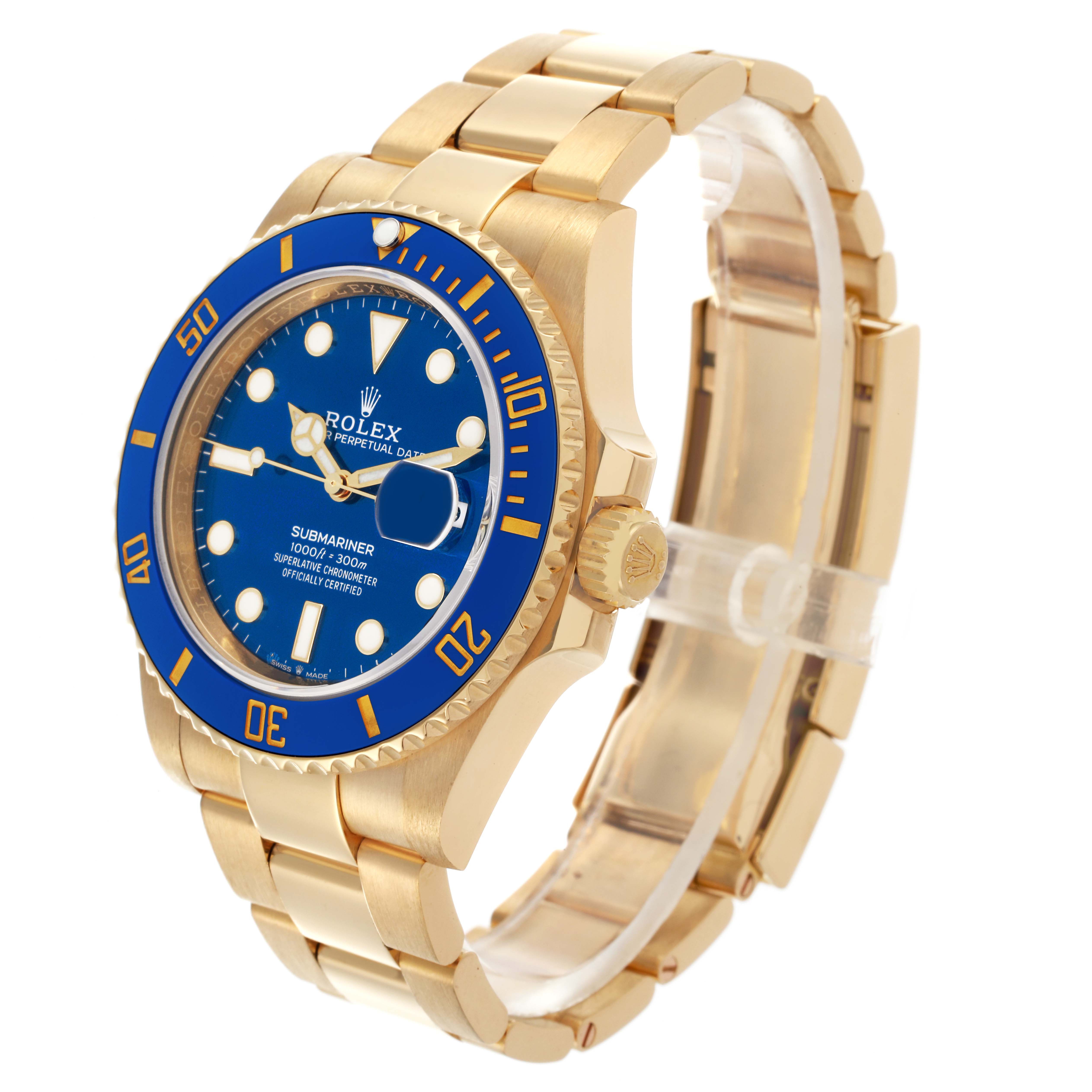 The Rolex Submariner 126618LB Men's Yellow Gold Blue Dial 126618LB Men's Yellow Gold Blue Dial watch is shown at a three-quarter angle, displaying the face, bezel, and part of the bracelet.