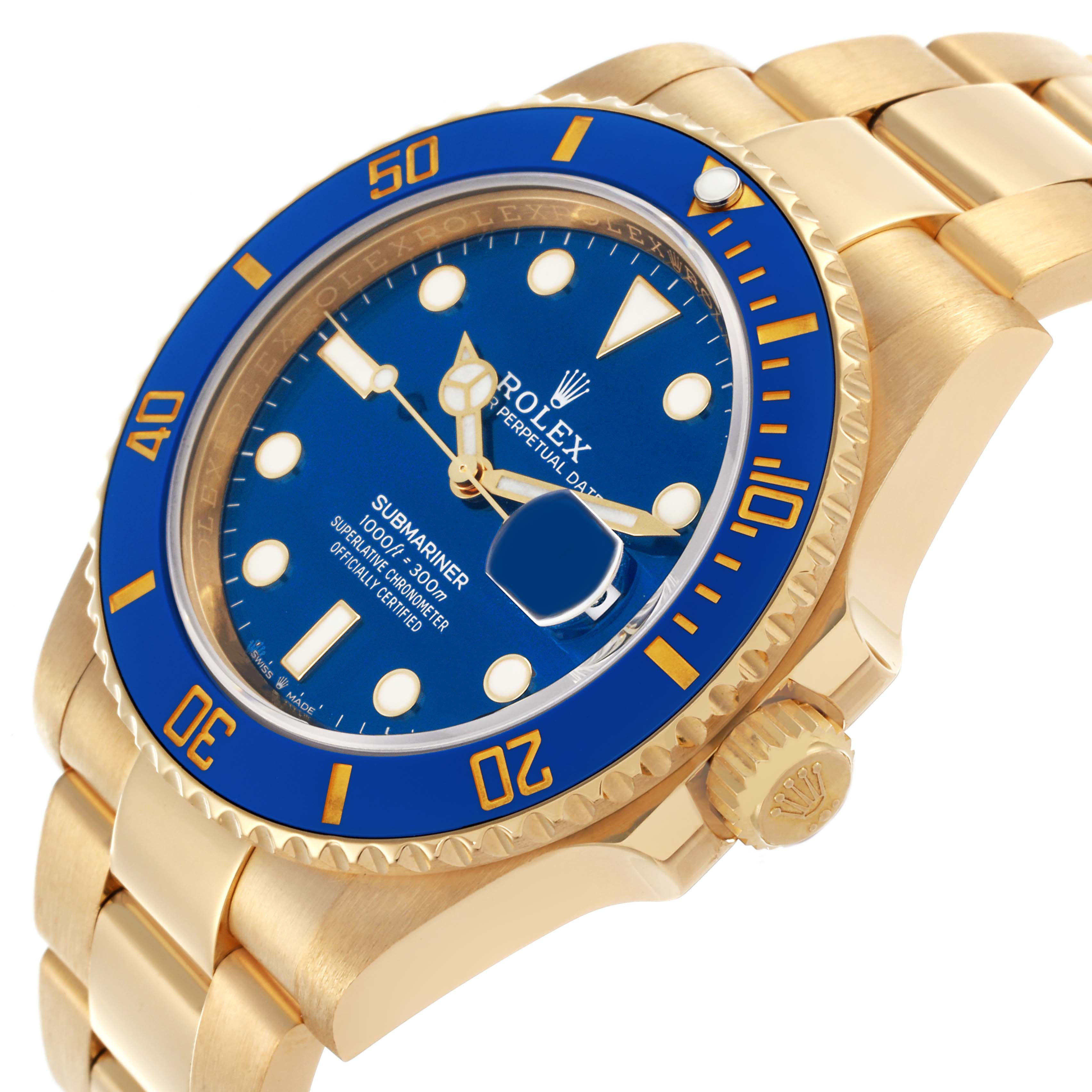 The Rolex Submariner 126618LB Men's Yellow Gold Blue Dial 126618LB Men's Yellow Gold Blue Dial is shown at an oblique angle, highlighting the watch face, bezel, and bracelet.