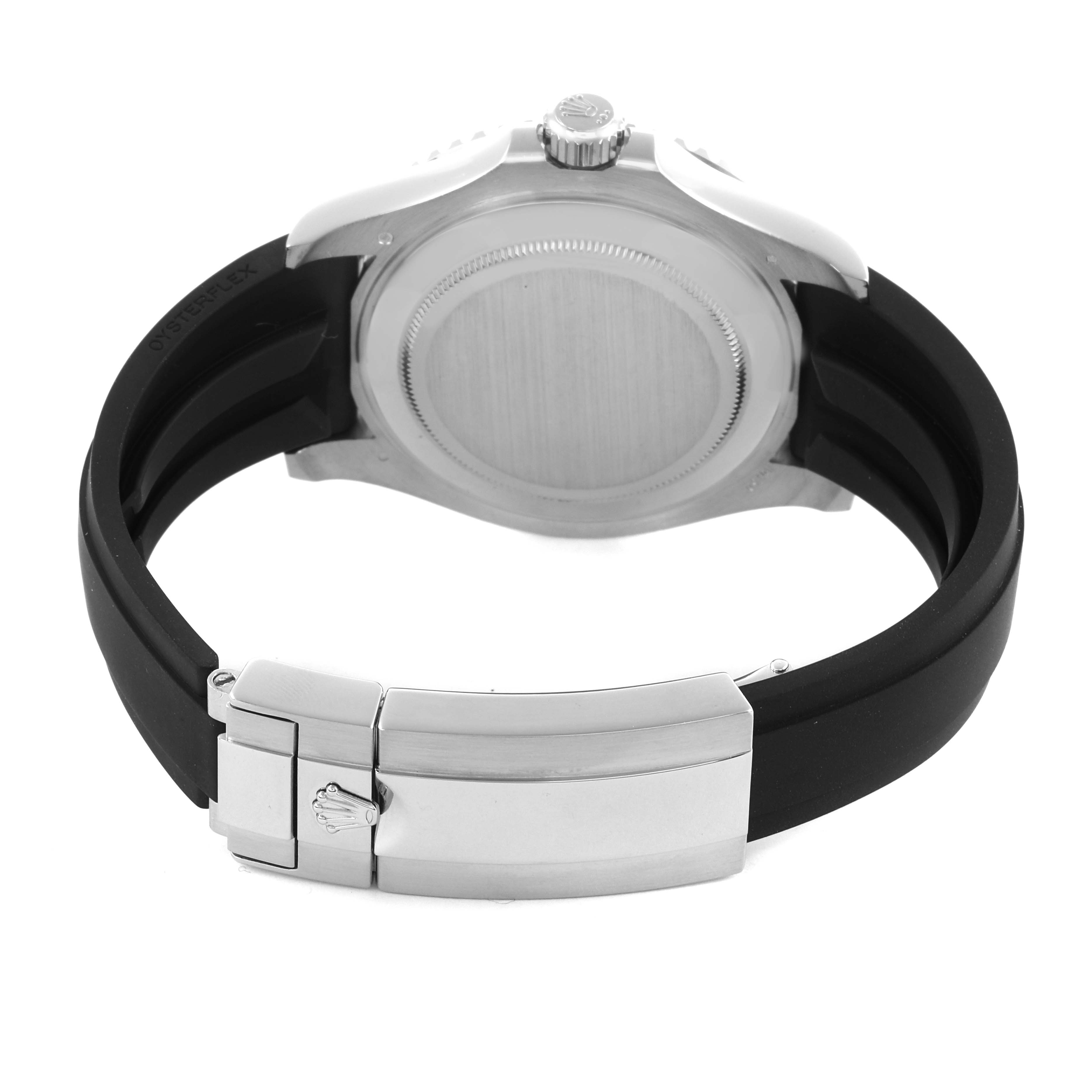 The image shows the back of a Rolex Yacht-Master 226659 Men's White Gold Black Dial 226659 Men's White Gold Black Dial watch, displaying the case back and rubber strap with a clasp.