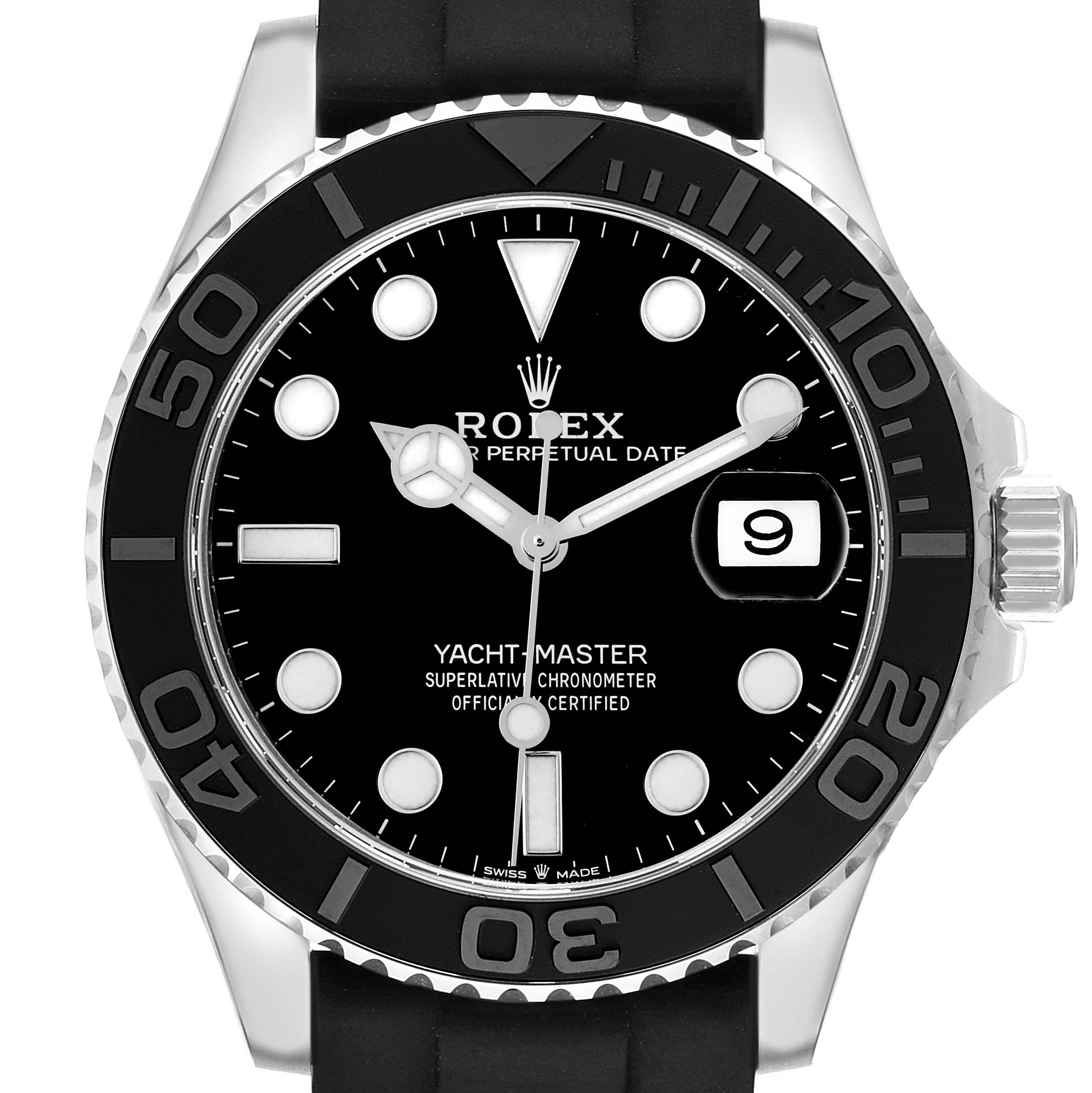 The Rolex Yacht-Master 226659 Men's White Gold Black Dial 226659 Men's White Gold Black Dial watch is shown from a front angle, highlighting the dial, bezel, and date display.