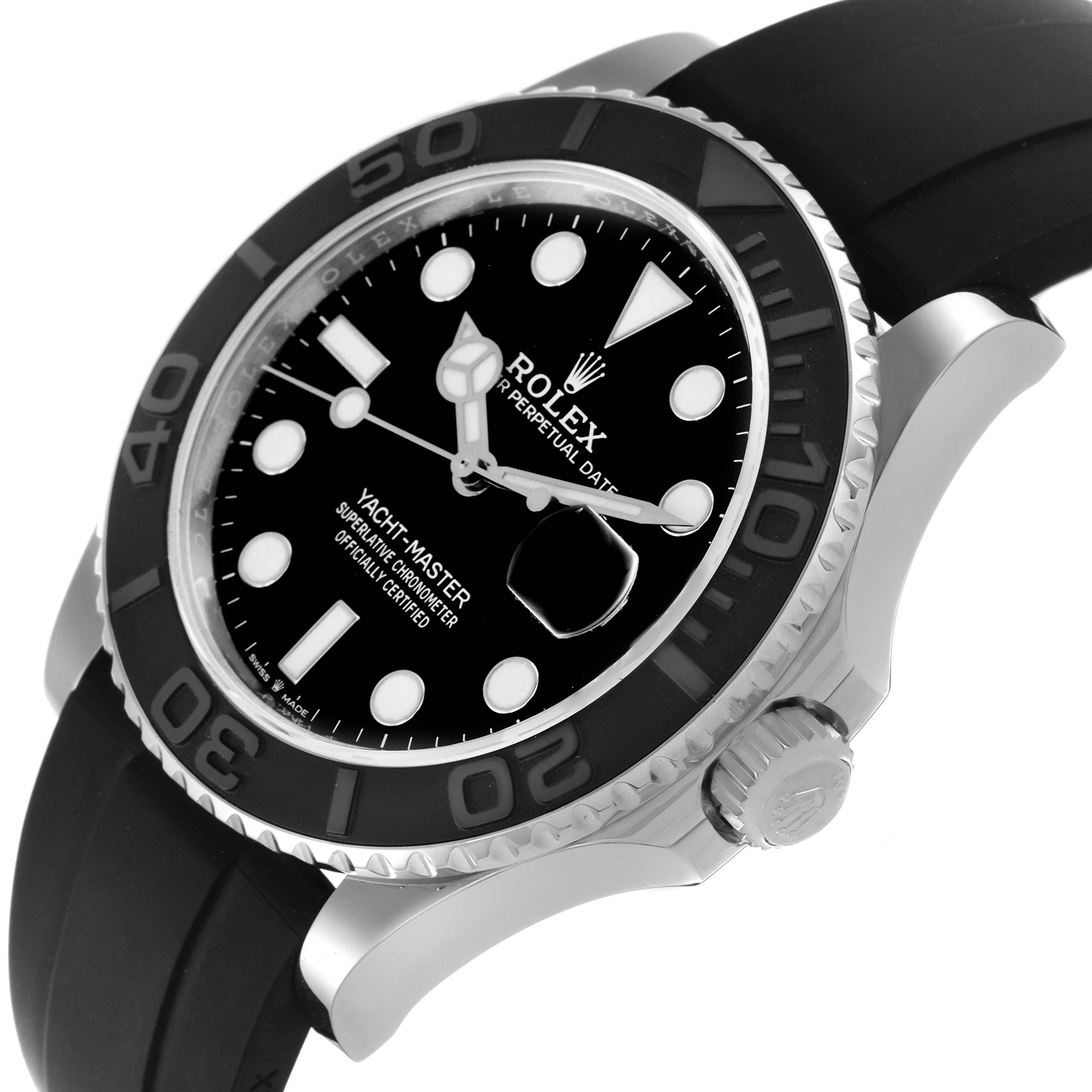 The Rolex Yacht-Master 226659 Men's White Gold Black Dial 226659 Men's White Gold Black Dial is shown at an angle highlighting the face, bezel, crown, and black strap.