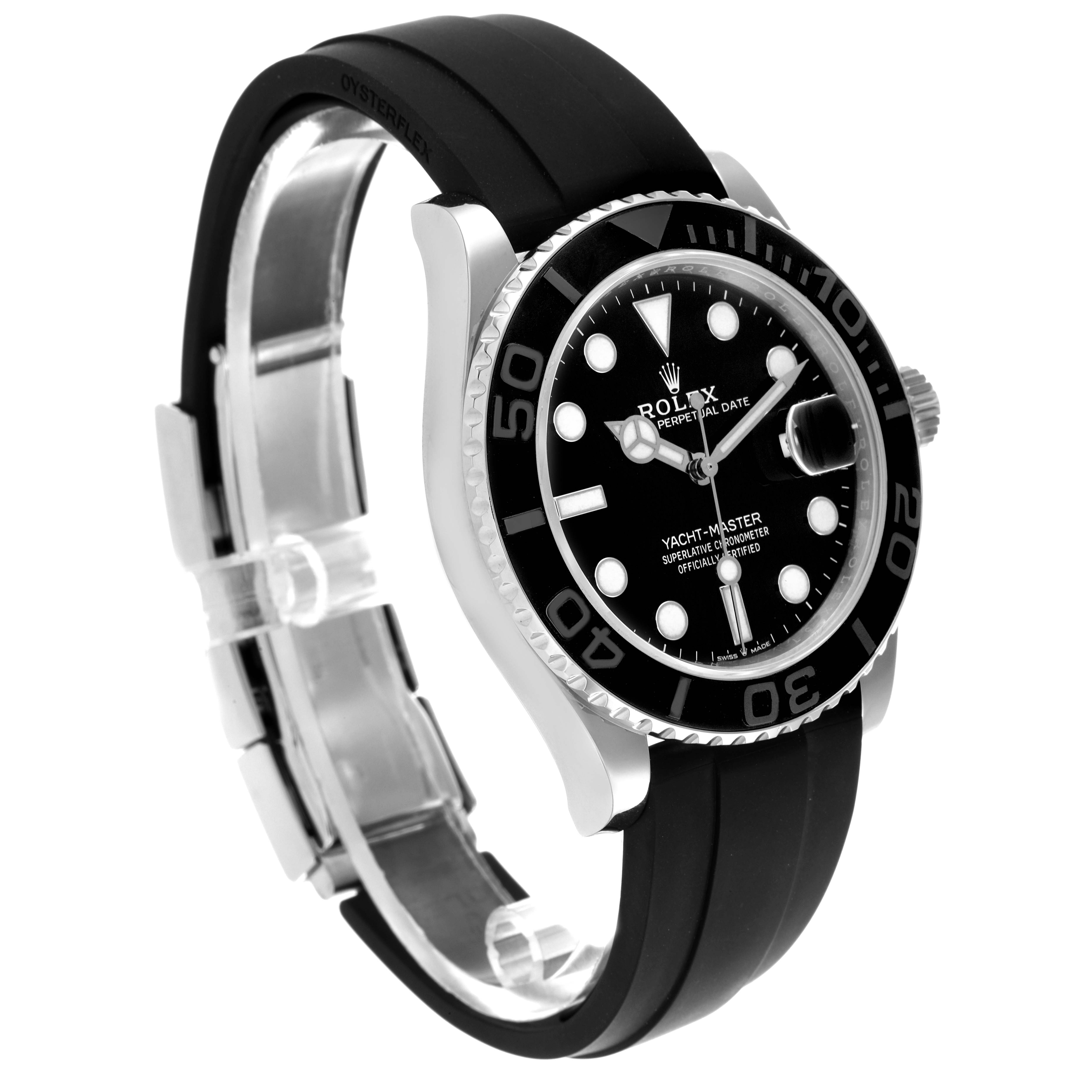 The Rolex Yacht-Master 226659 Men's White Gold Black Dial 226659 Men's White Gold Black Dial watch is shown at a side angle, highlighting the bezel, face, and rubber strap.