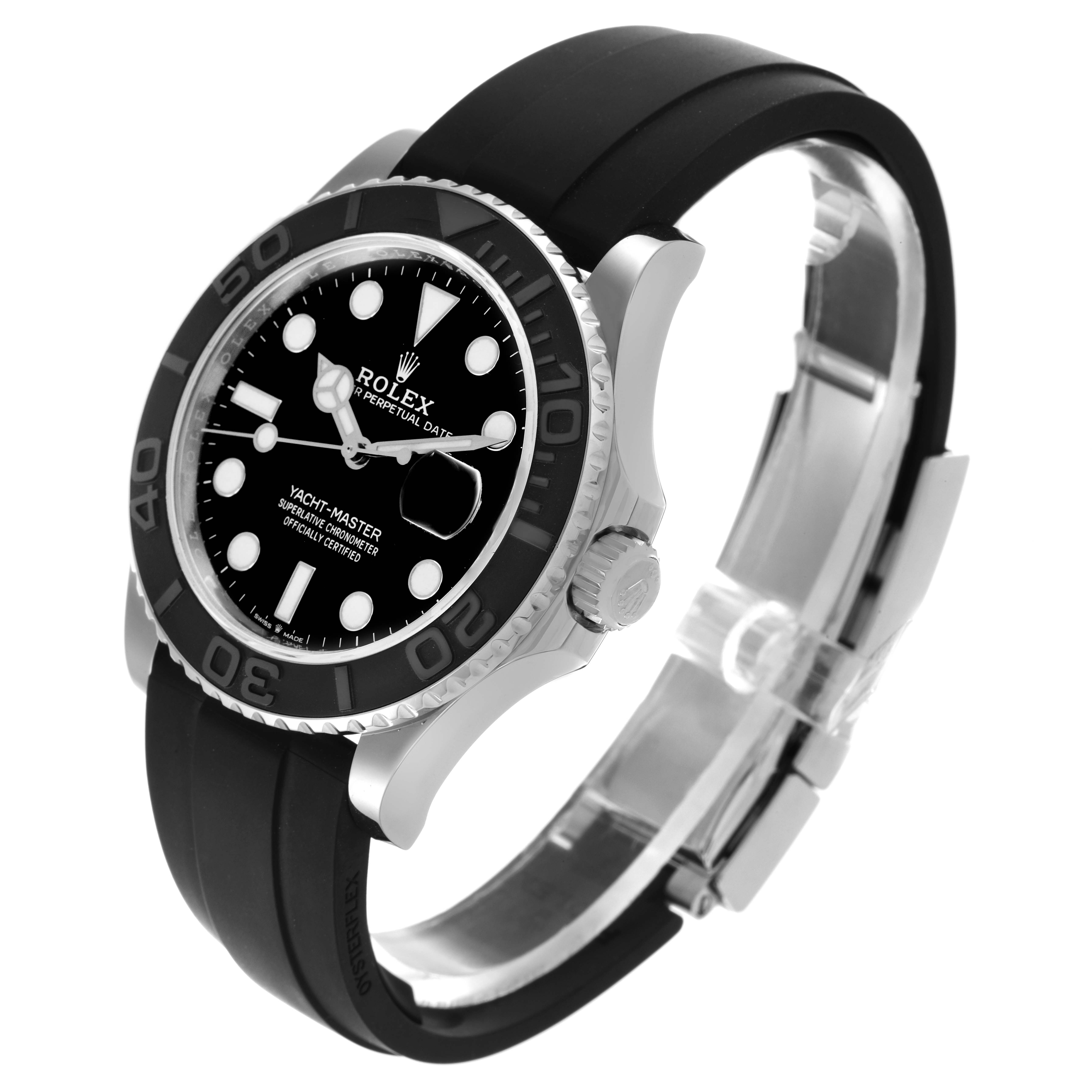 The Rolex Yacht-Master 226659 Men's White Gold Black Dial 226659 Men's White Gold Black Dial watch is shown at a three-quarter angle, displaying the face, bezel, case, crown, and rubber strap.