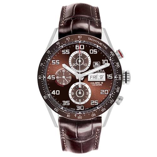 The Tag Heuer Carrera watch is shown from a front angle, displaying its face, chronograph subdials, and a leather strap.