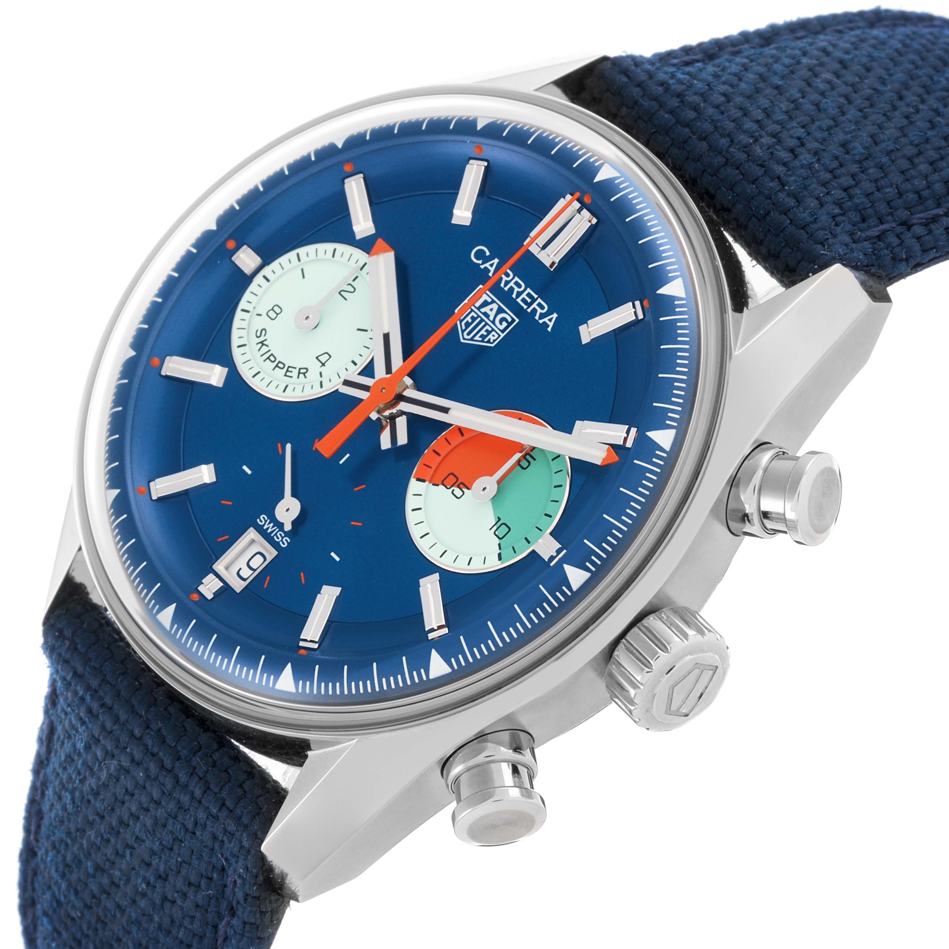 The Tag Heuer Carrera CBS2213.FN6002 Men
s Stainless Steel Blue Dial CBS2213.FN6002 Men
s Stainless Steel Blue Dial watch is shown at an angle highlighting the blue dial, chronograph subdials, and side pushers.