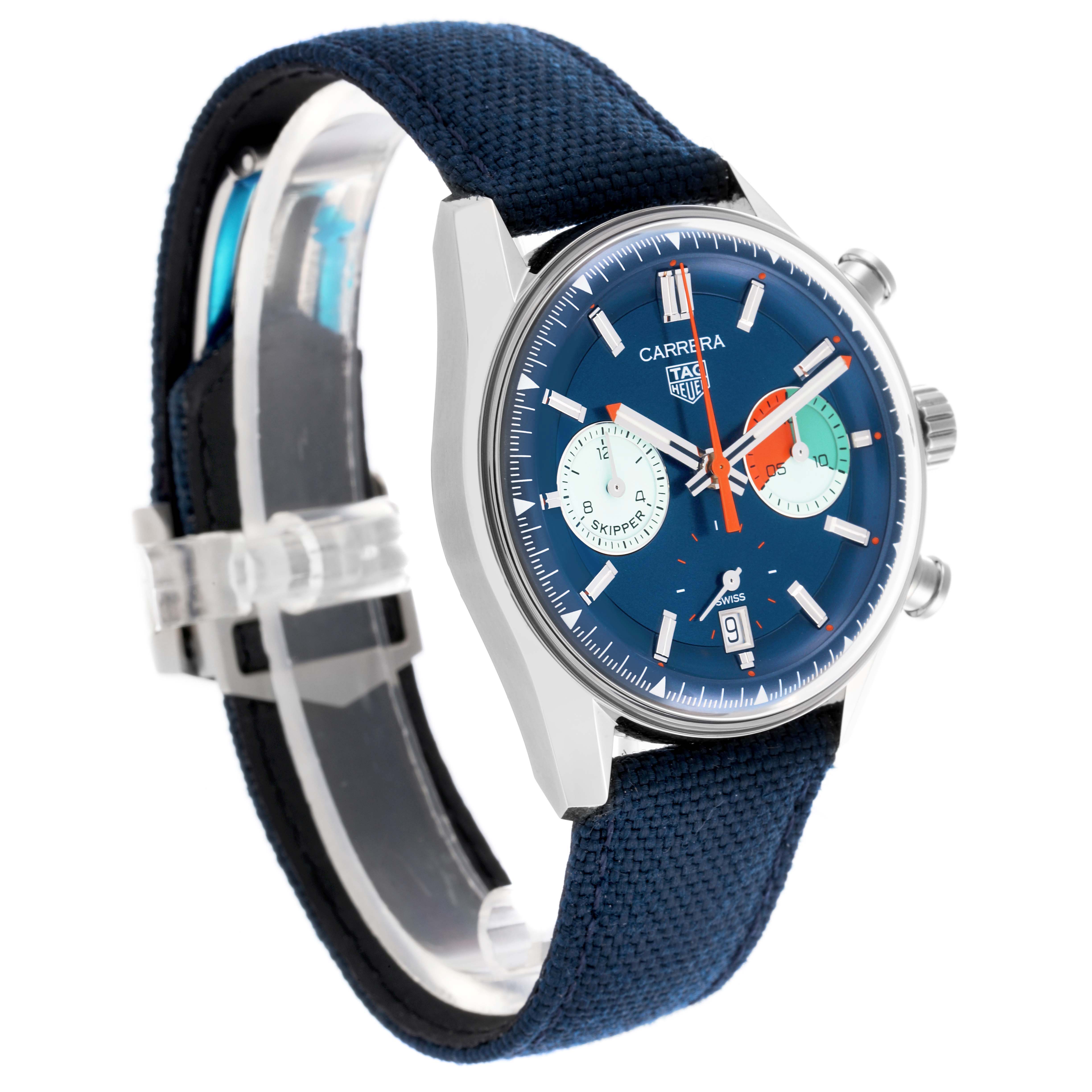 The Tag Heuer Carrera CBS2213.FN6002 Men
s Stainless Steel Blue Dial CBS2213.FN6002 Men
s Stainless Steel Blue Dial watch is shown at a three-quarter angle, displaying the face, case, and strap.