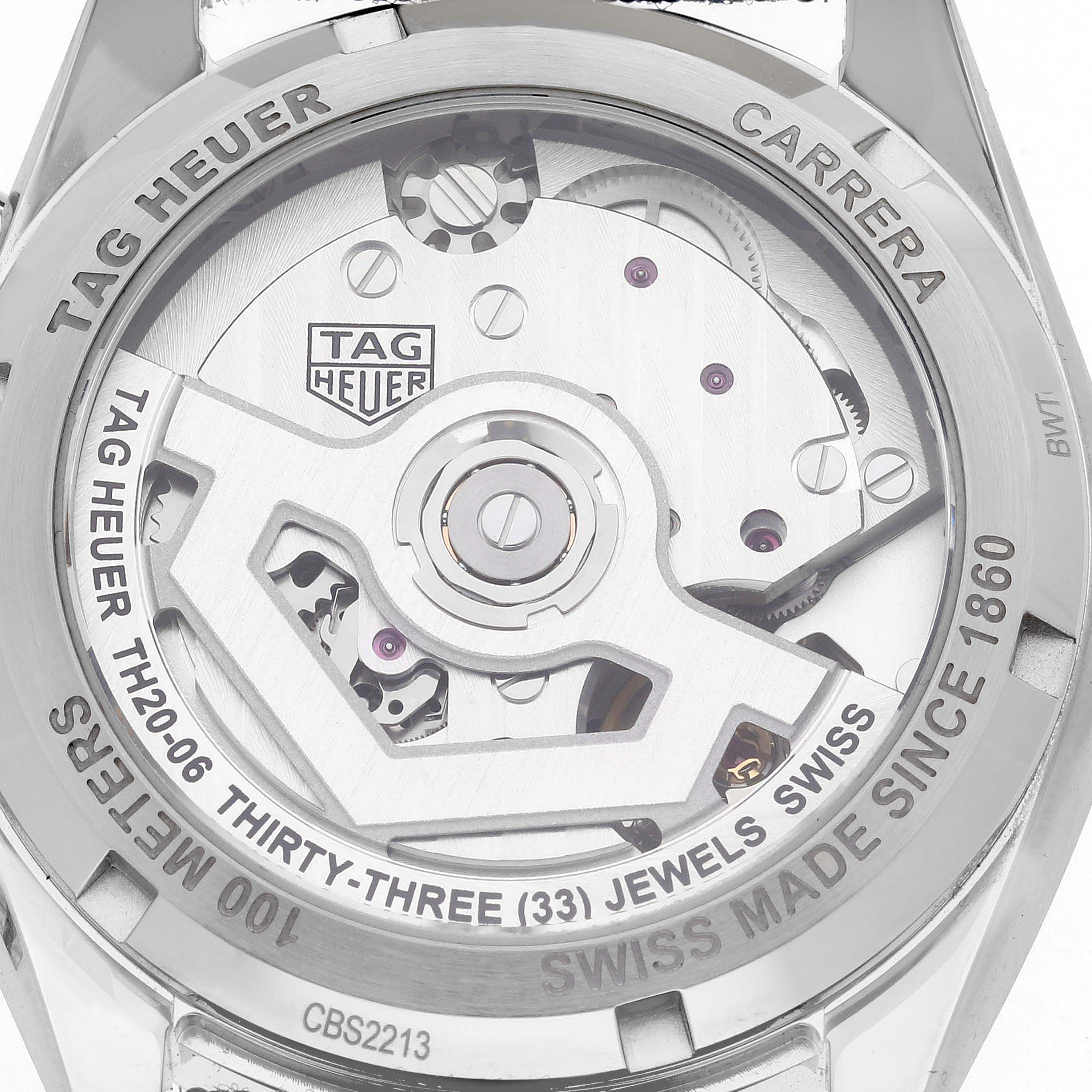 The image shows the back of a Tag Heuer Carrera CBS2213.FN6002 Men
s Stainless Steel Blue Dial CBS2213.FN6002 Men
s Stainless Steel Blue Dial, highlighting the movement and inner mechanics.