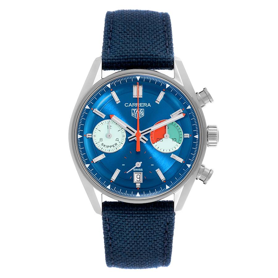 The Tag Heuer Carrera watch is shown from the front, displaying its blue dial, chronograph sub-dials, and woven strap.