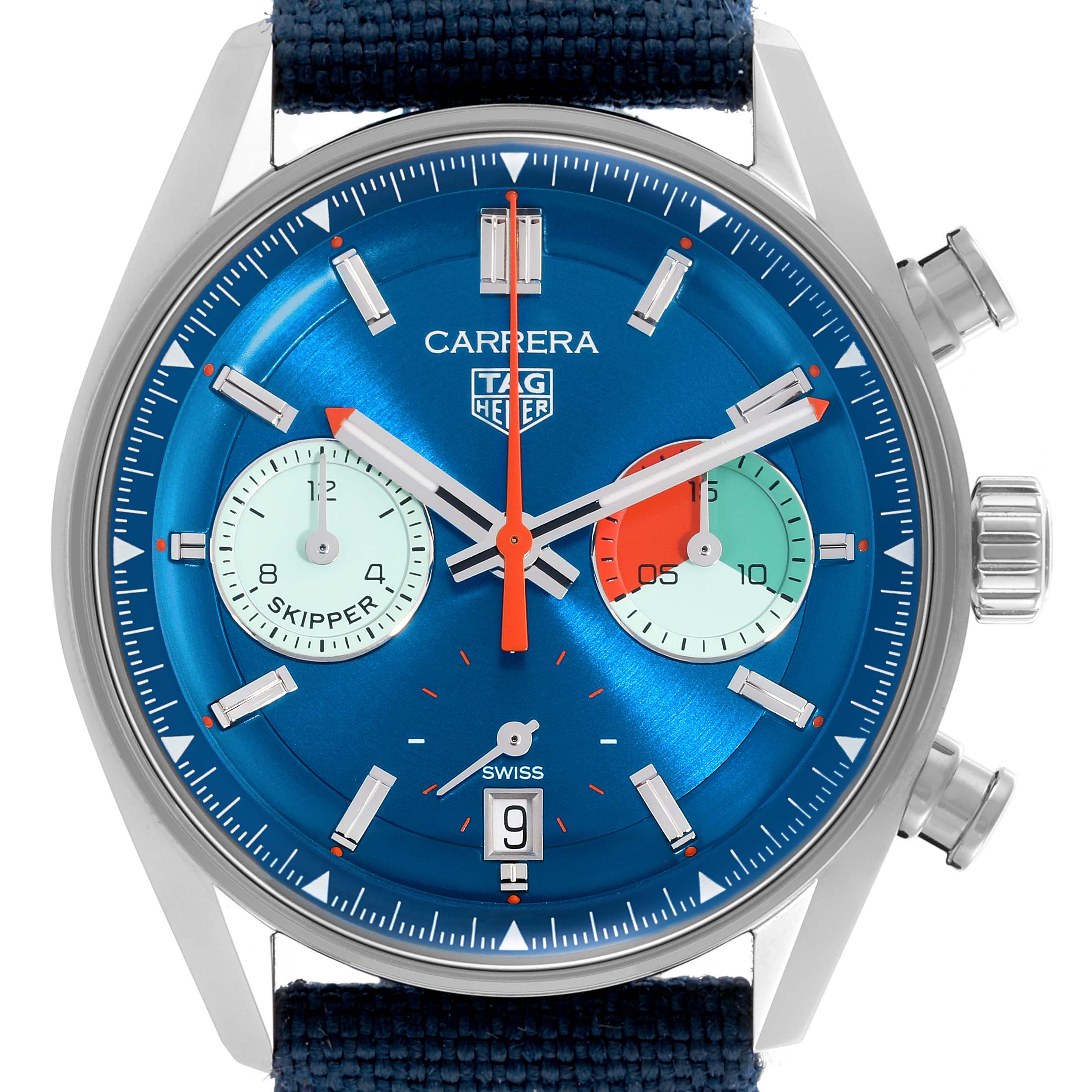 The Tag Heuer Carrera CBS2213.FN6002 Men
s Stainless Steel Blue Dial CBS2213.FN6002 Men
s Stainless Steel Blue Dial watch is shown from the front, highlighting the dial, subdials, and side crown.