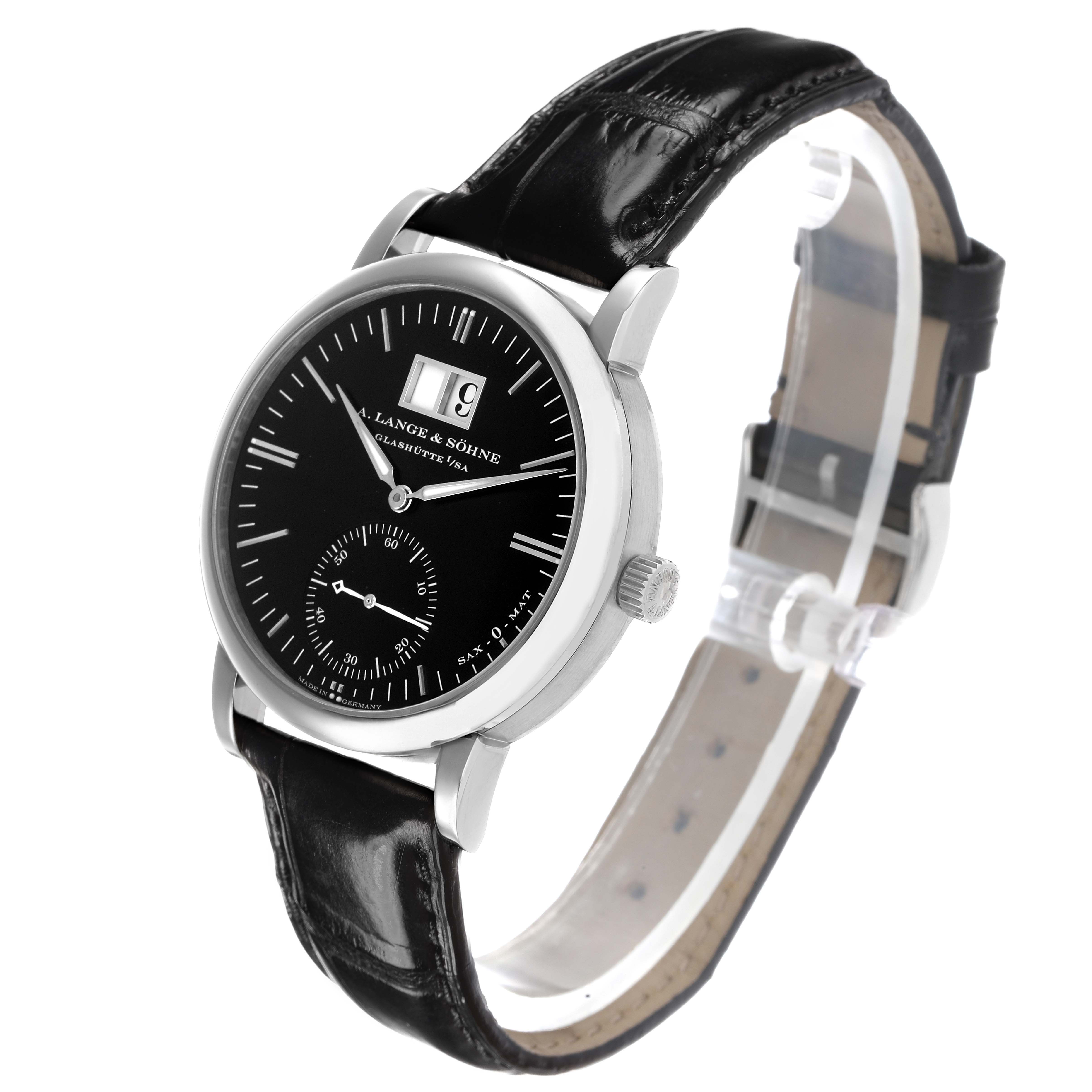 The Glashütte Original model watch is shown at a three-quarter angle, displaying its black dial, case, and leather strap.