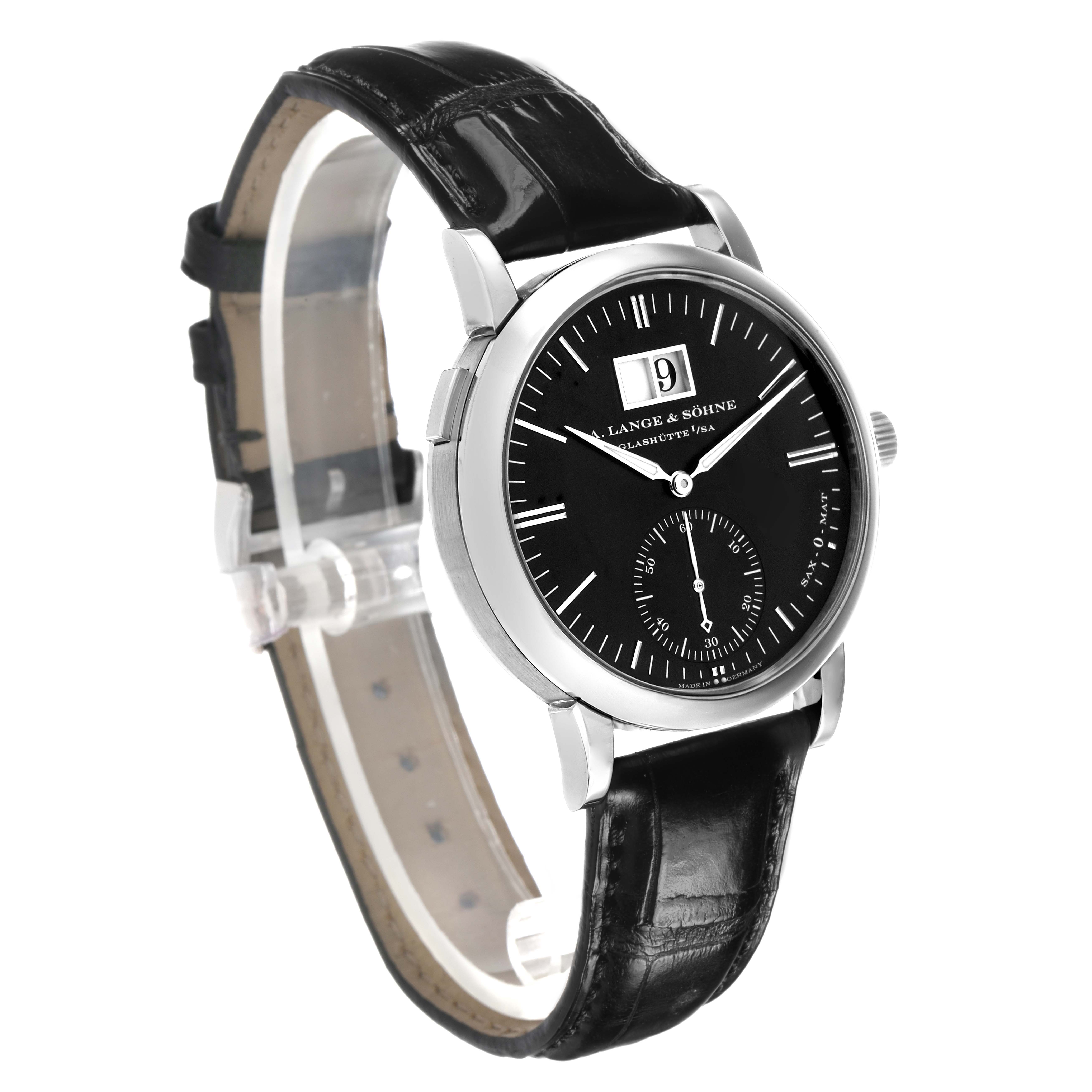 The Glashütte Original model watch is shown at a slight angle, displaying the watch face, bezel, crown, and leather strap.