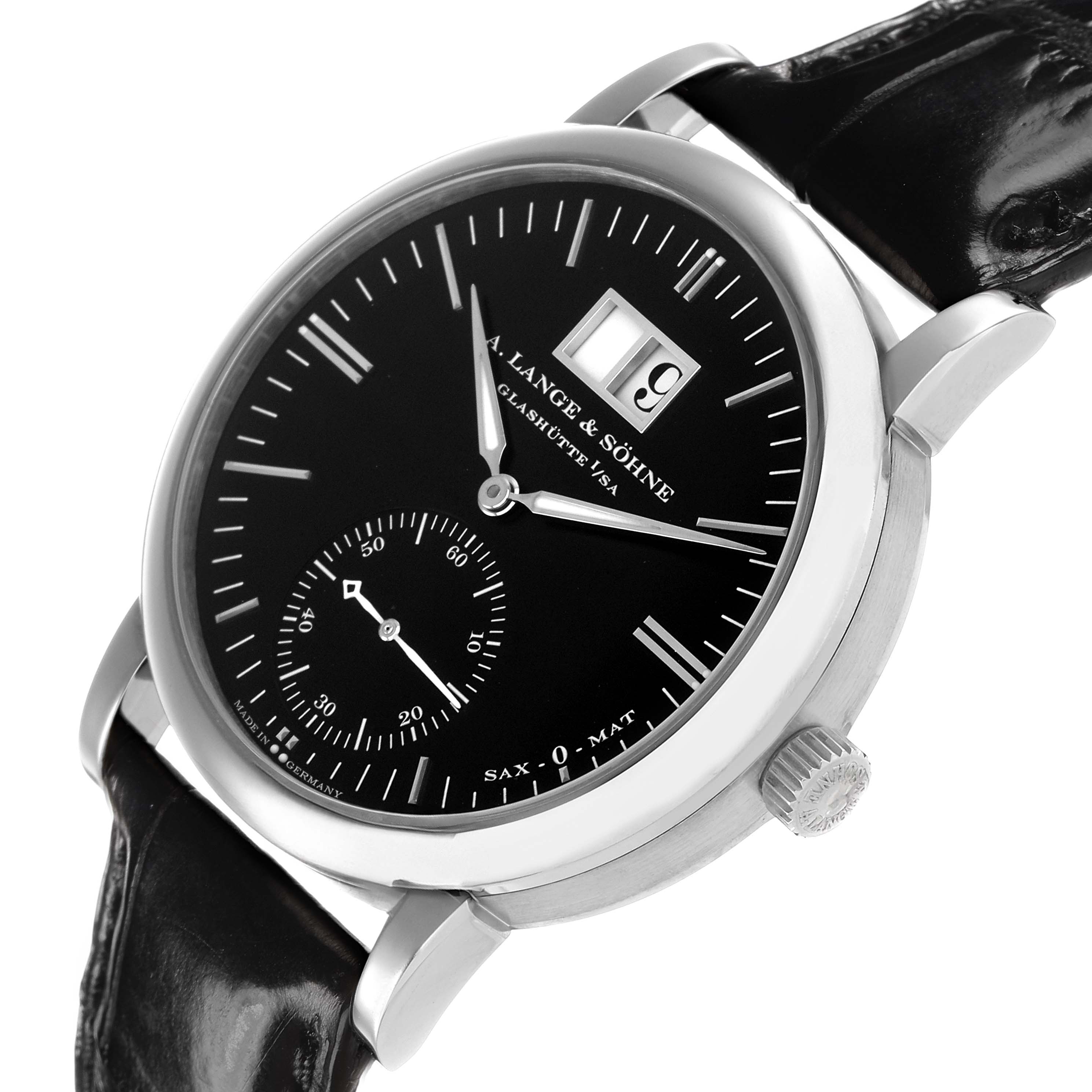 The Glashutte Original 308.027 Men's White Gold Black Dial model watch is shown at an angled view, displaying the dial, crown, and leather strap.