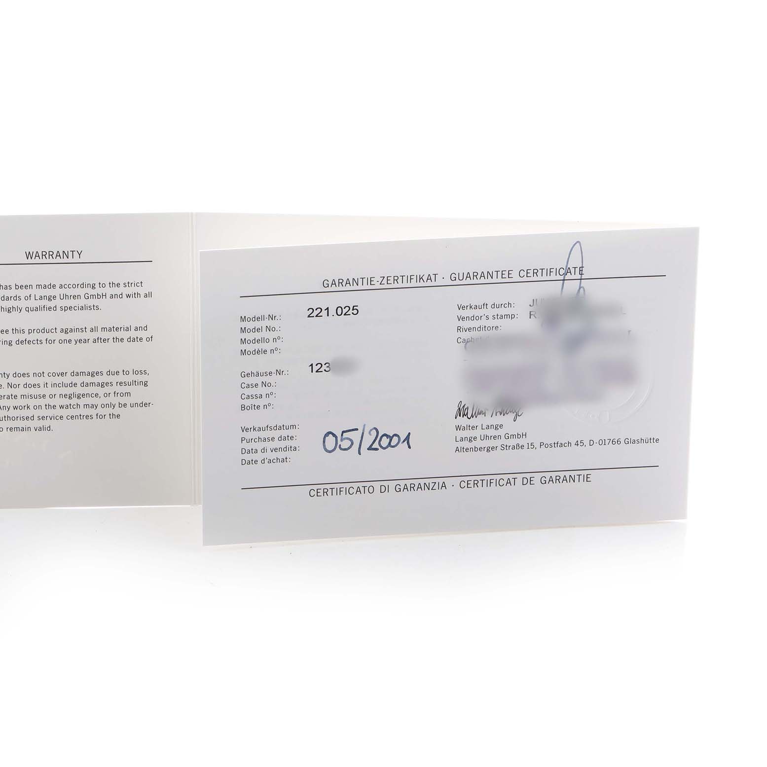 The image shows the guarantee certificate and warranty for the A. Lange & Sohne 1815 221.025 Men's Platinum Silver Dial model, angled slightly open.